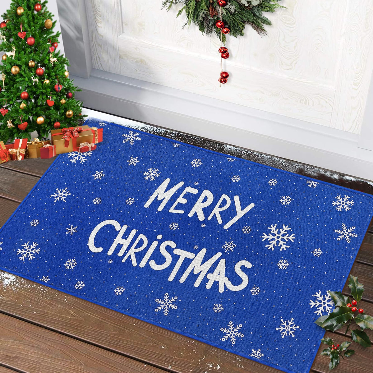 Tapis de porte antidérapant Garvee, motif Noël, pour cuisine et salon, 50 x 80 cm, bleu, coton, intérieur et extérieur