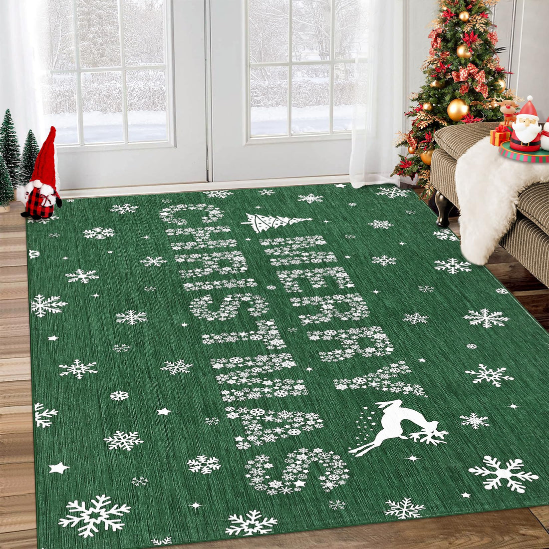 Tapis de salon Garvee, tapis de Noël motif élan vert, lavable et antidérapant, pour chambre, cuisine, salle à manger, bureau, 120 x 170 cm