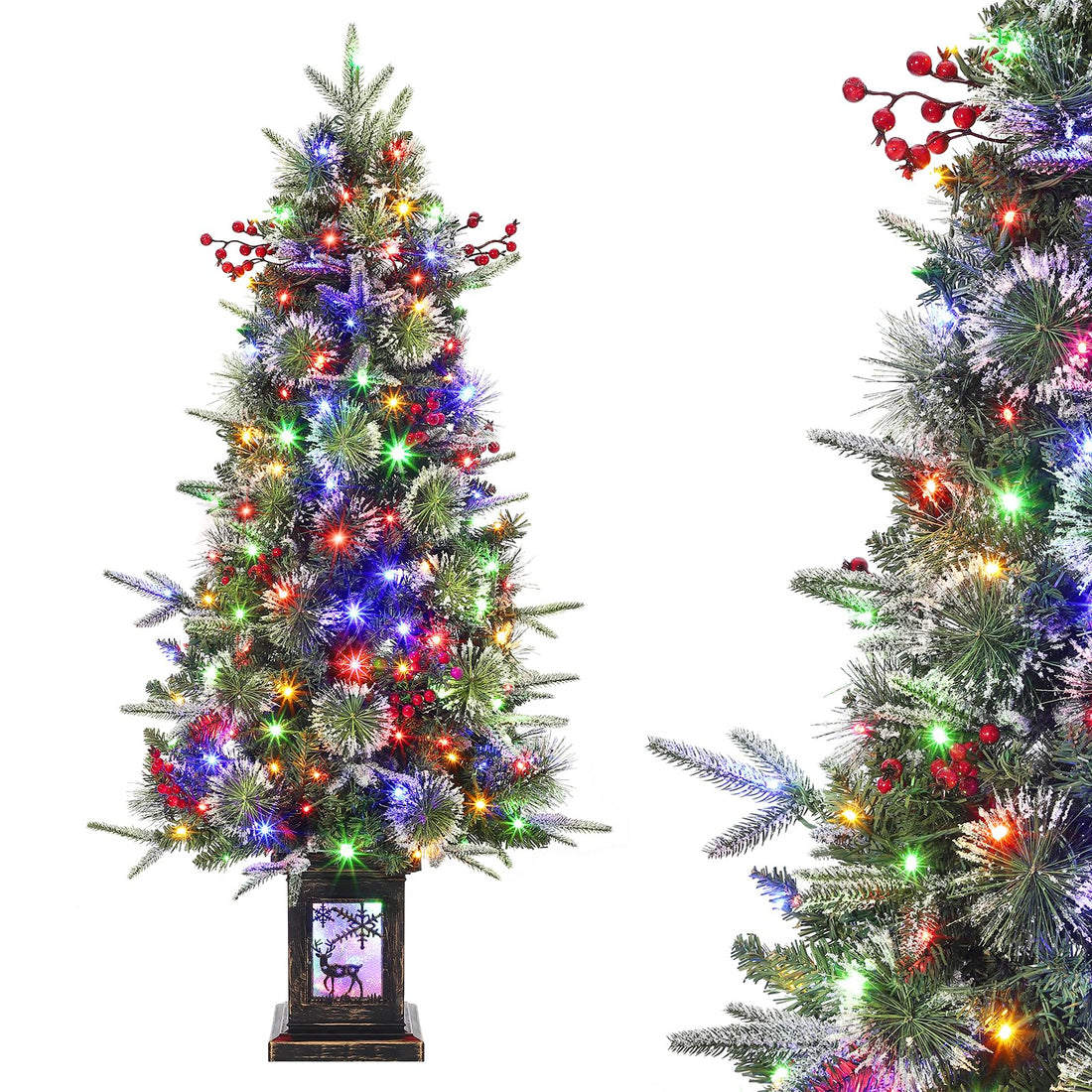 Sapin de Noël artificiel Garvee 125 cm avec éclairage LED et socle renne - Décoration de Noël festive