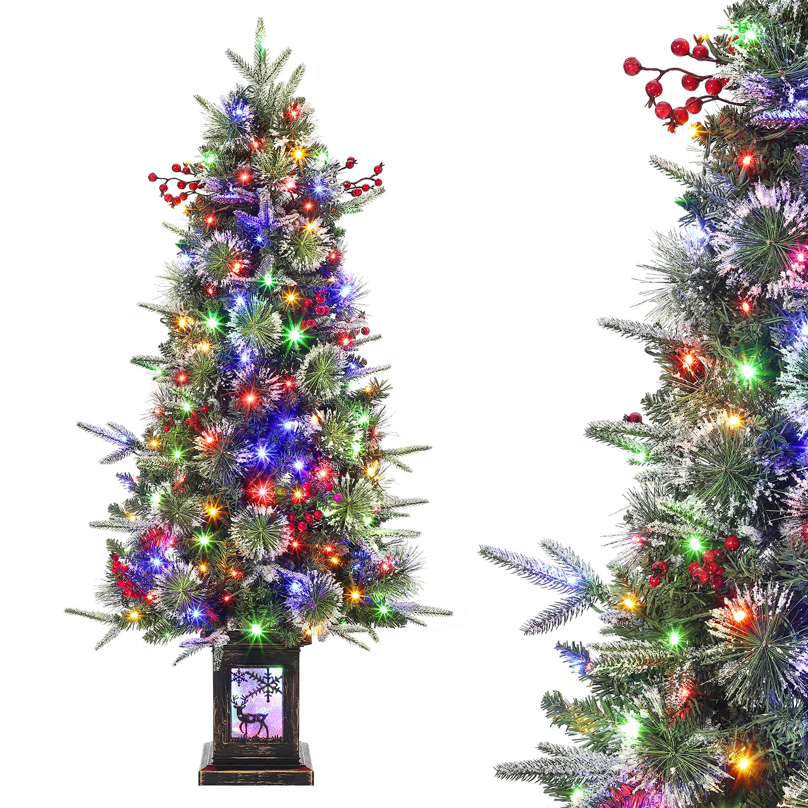 Sapin de Noël artificiel Garvee 125 cm avec éclairage LED et socle renne - Décoration de Noël festive
