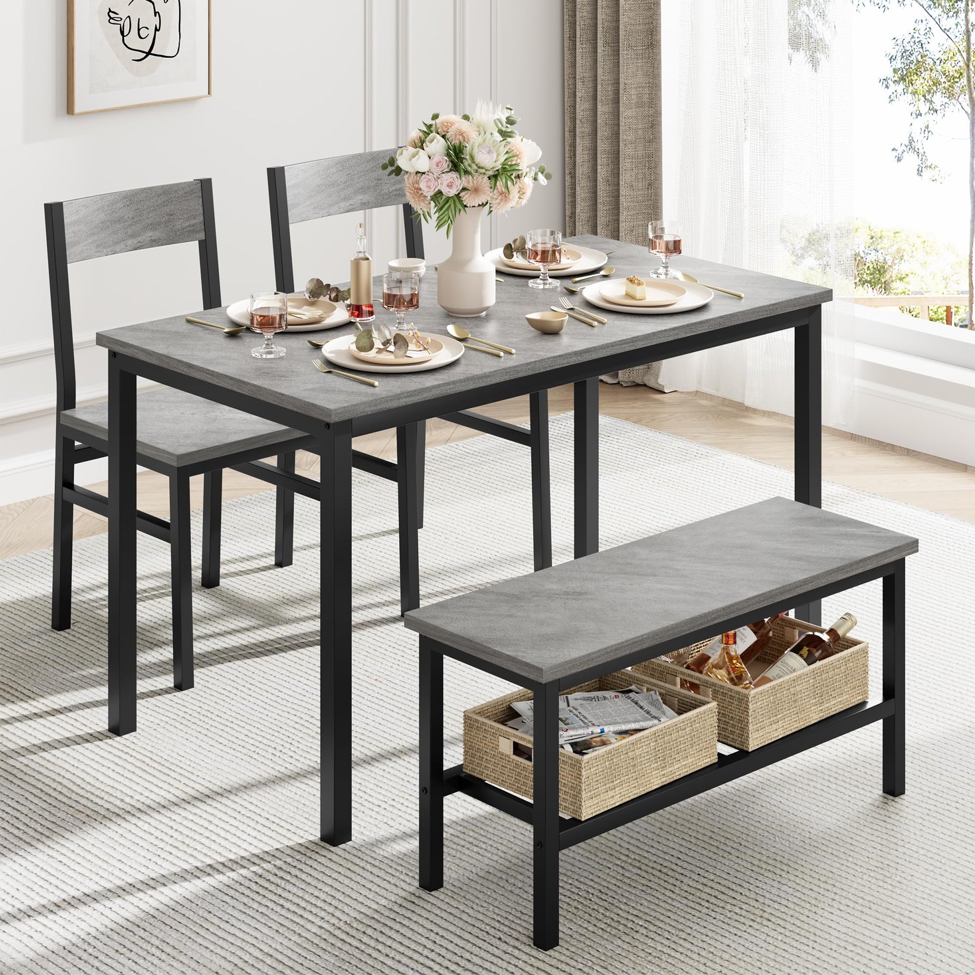 Ensemble de salle à manger Garvee pour 4 personnes avec banc, rangement, structure robuste en MDF et acier, gain de place, polyvalent, gris, idéal pour les petits appartements