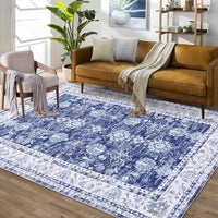 Tapis vintage Garvee, motif oriental, antidérapant, antitache, lavable, poils courts, 160 x 230 cm, bleu marine, salon, cuisine