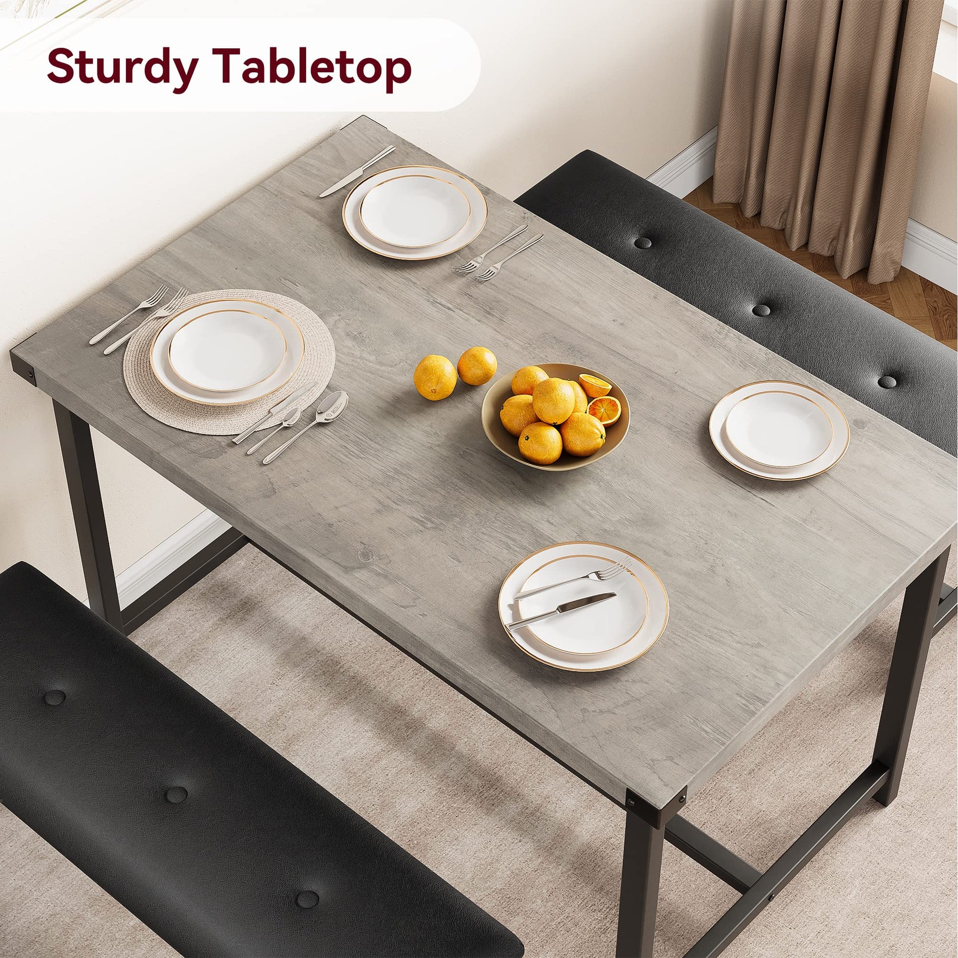 Ensemble table et chaises Garvee pour 4 personnes avec 2 banquettes rembourrées, table de cuisine rectangulaire, structure robuste en MDF et acier, gain de place, imperméable, gris rétro, idéal pour les petits espaces