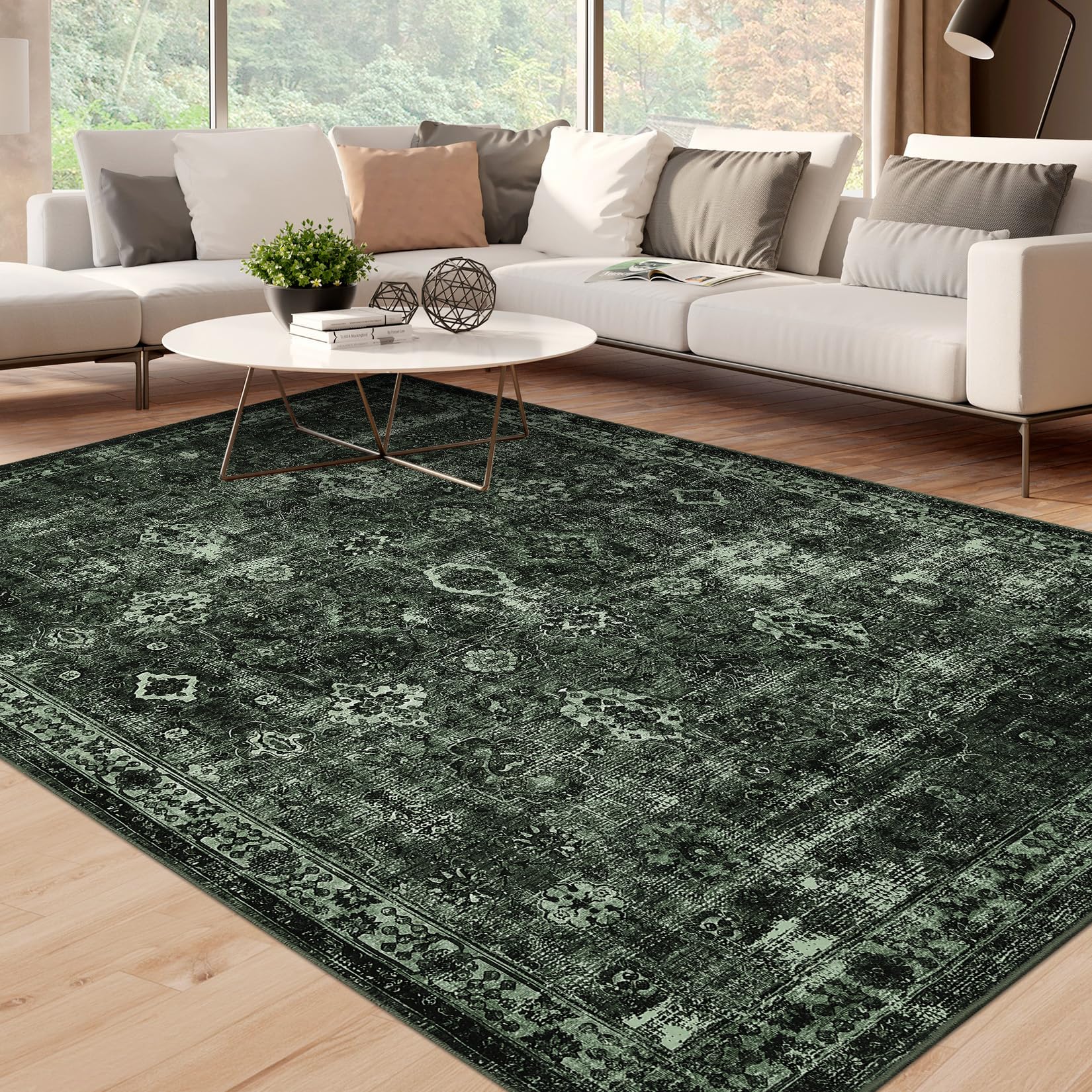 Tapis Garvee Boho, pour salon, style vintage, lavable, à poils courts, antidérapant, idéal pour la chambre, style rétro, 120 x 170 cm, vert foncé