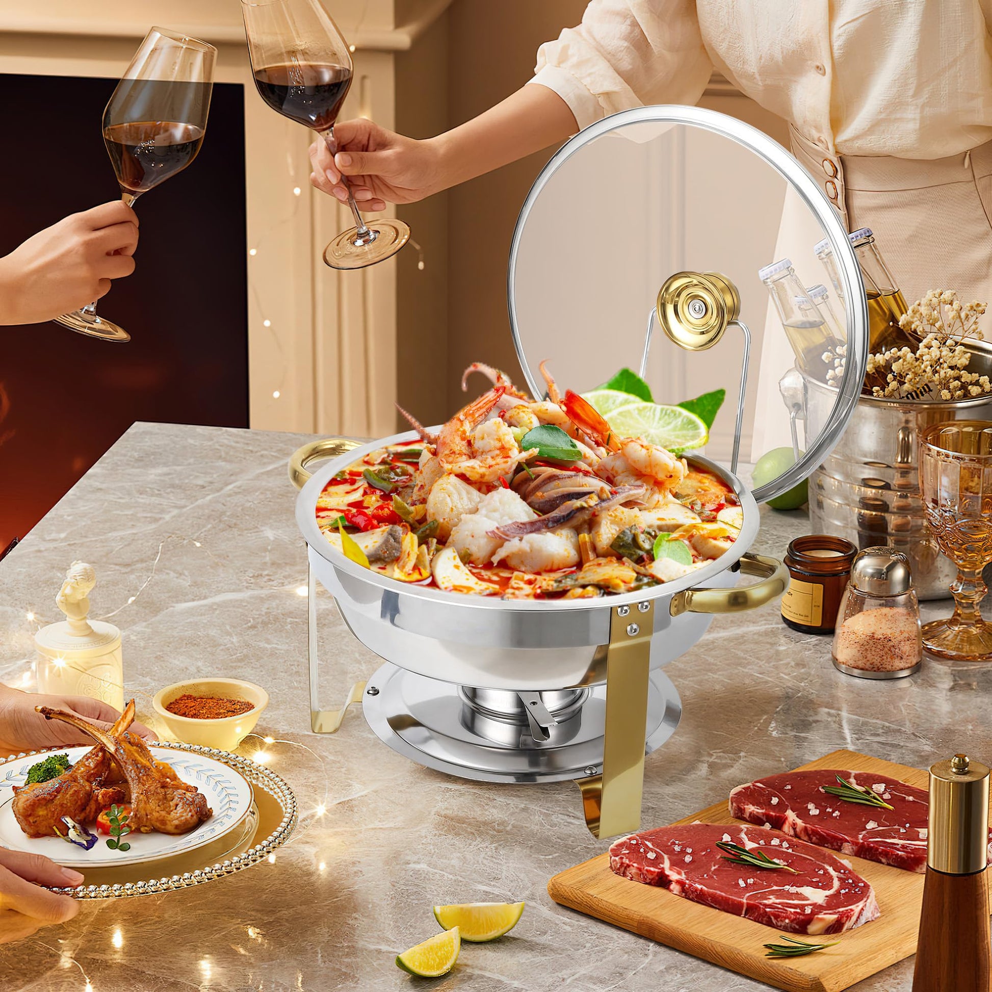 Garvee Lot de 4 chafing dishes ronds 4,7 L en acier inoxydable, couvercle en verre avec support, 42 × 41 × 28 cm, bords dorés, pour événements et camping