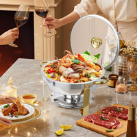Garvee Lot de 4 chafing dishes ronds 4,7 L en acier inoxydable, couvercle en verre avec support, 42 × 41 × 28 cm, bords dorés, pour événements et camping