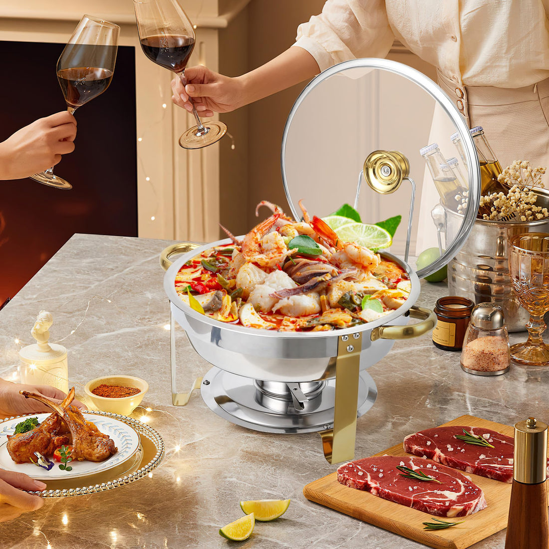 Garvee Lot de 2 chauffe-plats 4,7L en acier inoxydable avec couvercle en verre, base stable, maintien au chaud, pour mariages, buffets et fêtes