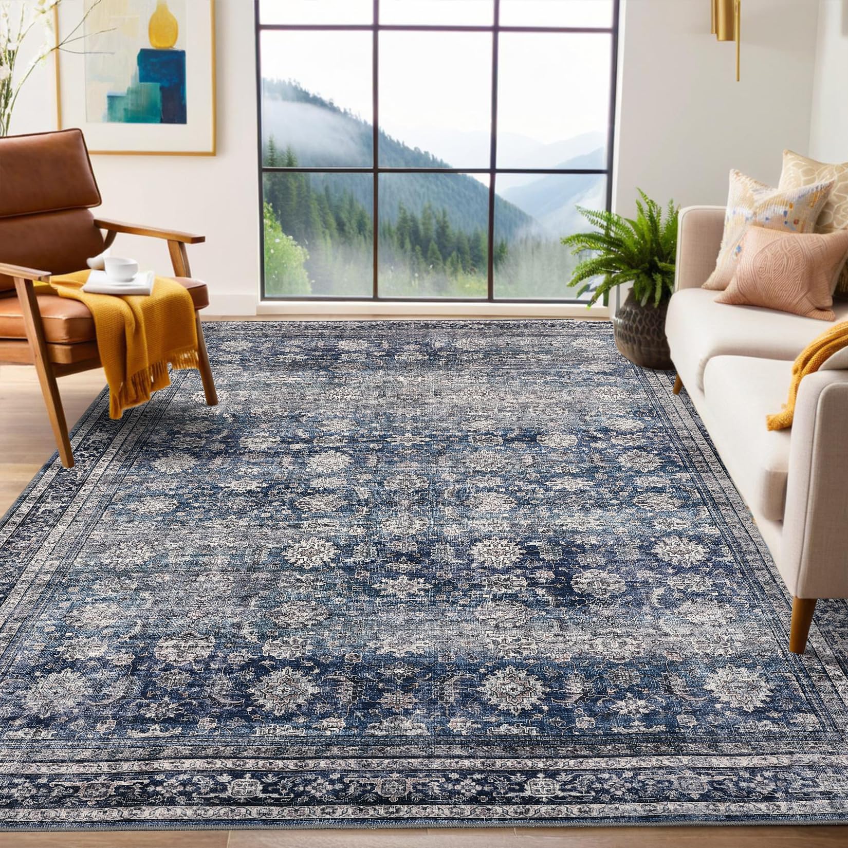 Tapis oriental vintage lavable Garvee, doux et antidérapant, pour salon, chambre, cuisine, à poils plats, protège-sol décoratif