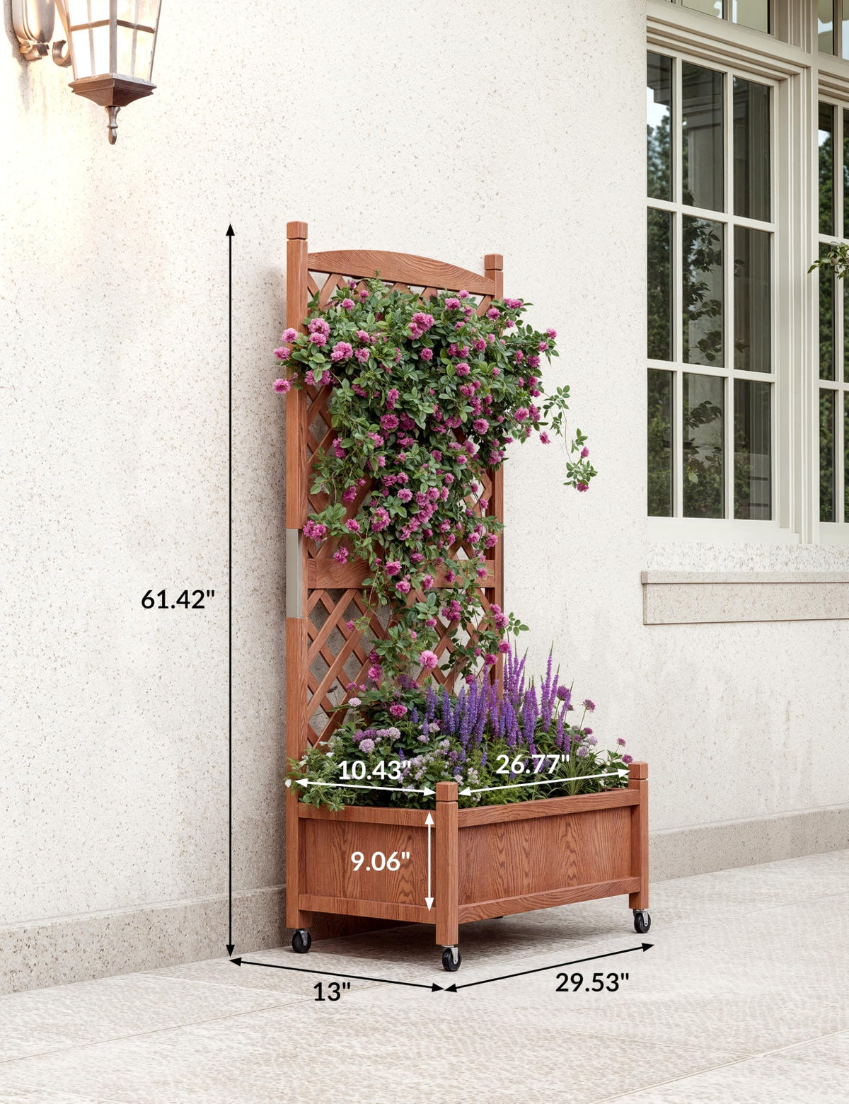 Garvee Jardinière en bois avec treillis et roues pour terrasse et jardin, 75 x 33 x 150 cm, marron.