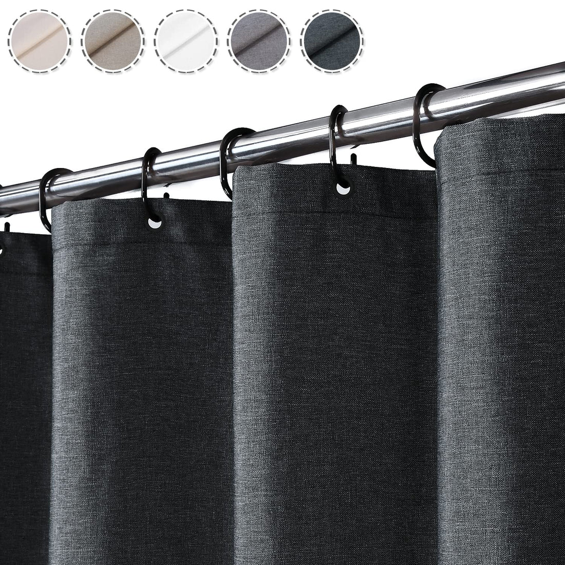 Garvee Rideau de douche , aspect lin 240 g/m², 180 × 180 cm, gris foncé, déperlant, lavable, avec crochets