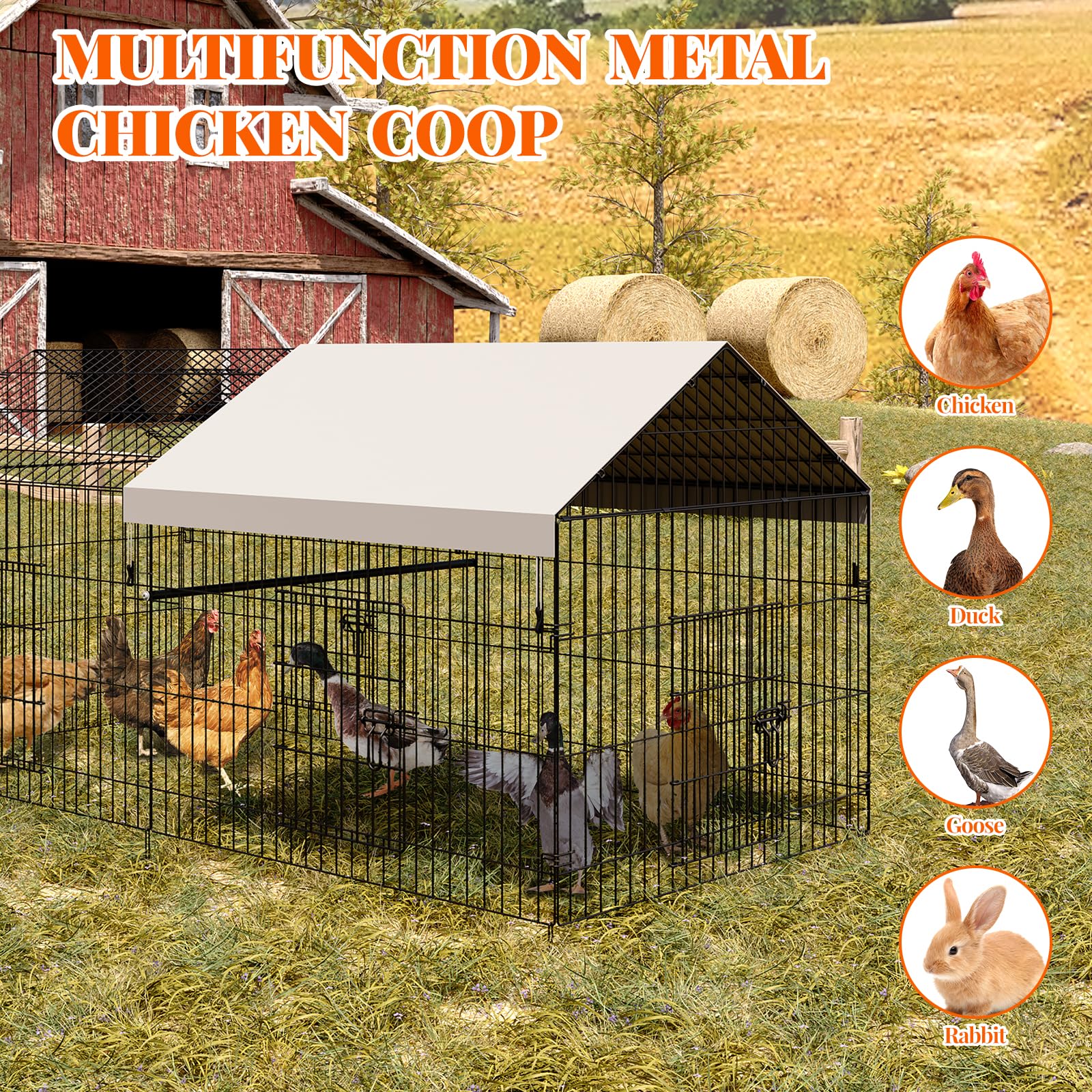 Poulailler Garvee 100x218x100cm – Acier galvanisé avec 2 compartiments et 4 portes pour poules et lapins