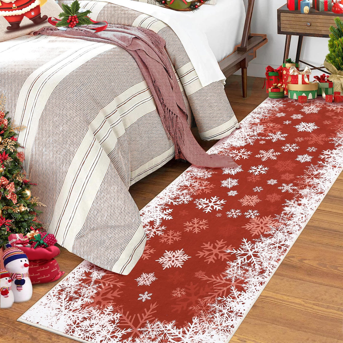 Tapis de Noël romantique Garvee à motif flocons de neige dégradés, antidérapant, pour salle à manger, chambre, cuisine, couloir, bureau, 60 x 180 cm, rouge