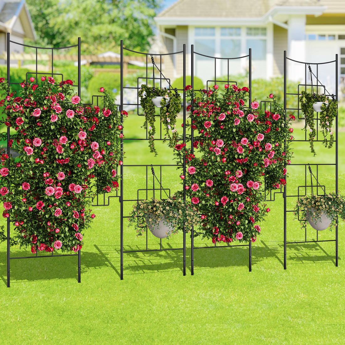 Treillis de jardin en métal Garvee 130 x 168 cm, noir, antirouille, style baroque, 2 pièces, support pour rosiers et légumes au jardin