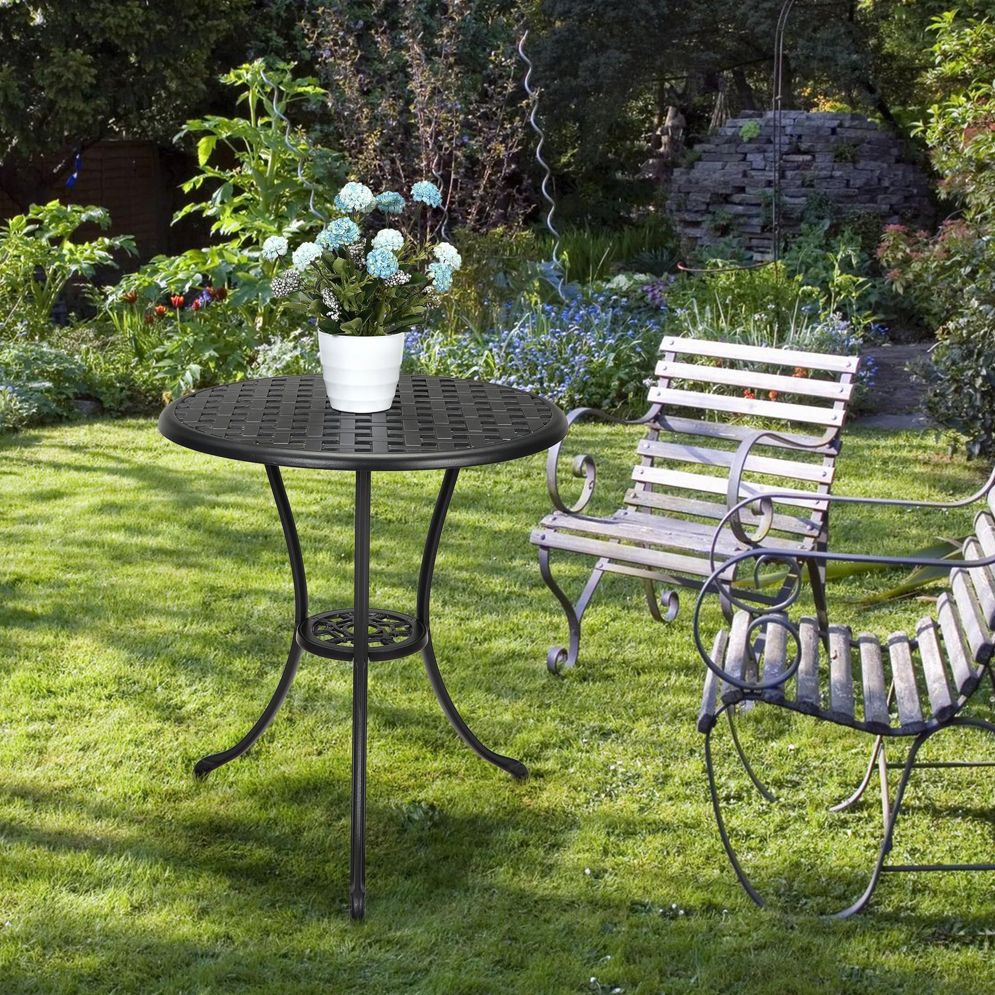 Table de bistrot Garvee Patio ronde de 61 cm (24 po) avec trou pour parasol de 5 cm (2 po), en aluminium résistant aux intempéries et structure en fer robuste, noir classique, pour balcon et jardin.