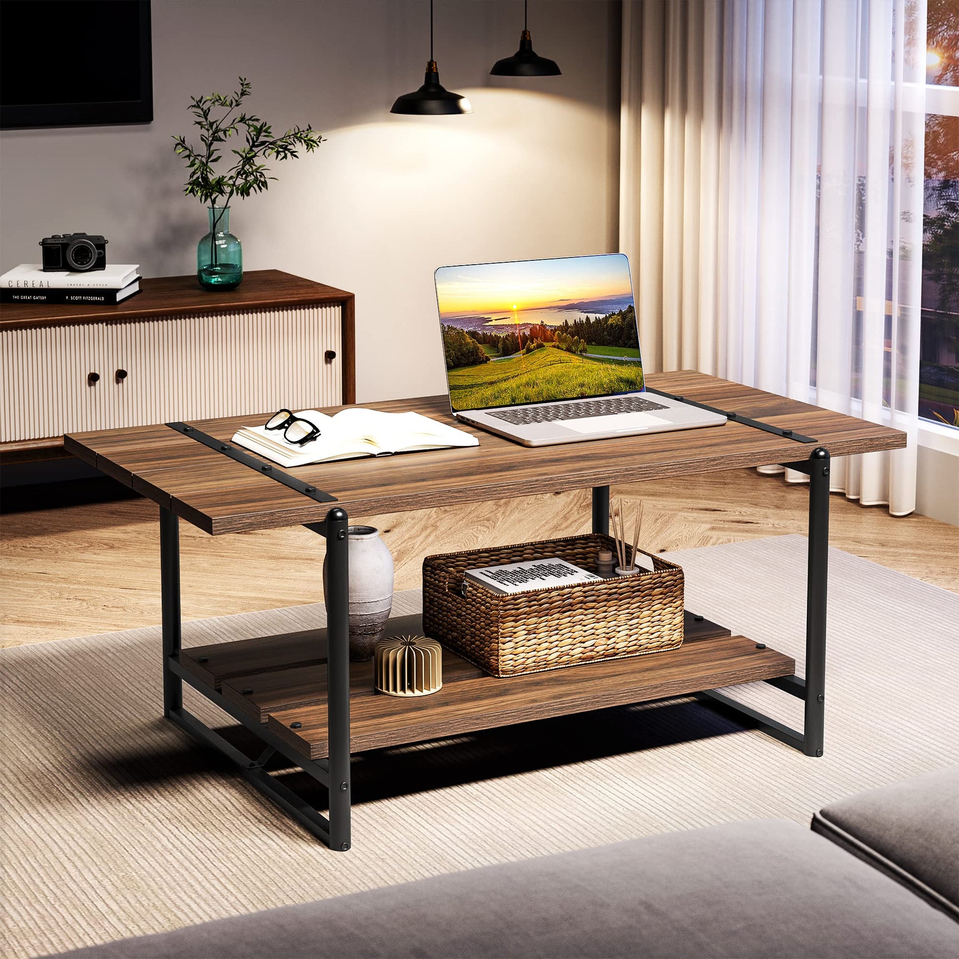 Table basse Garvee à deux niveaux, style ferme, 104 cm (41 po), bois gris avec structure en métal, idéale pour le salon et le bureau. Grand espace de rangement, structure robuste en MDF, style industriel moderne.