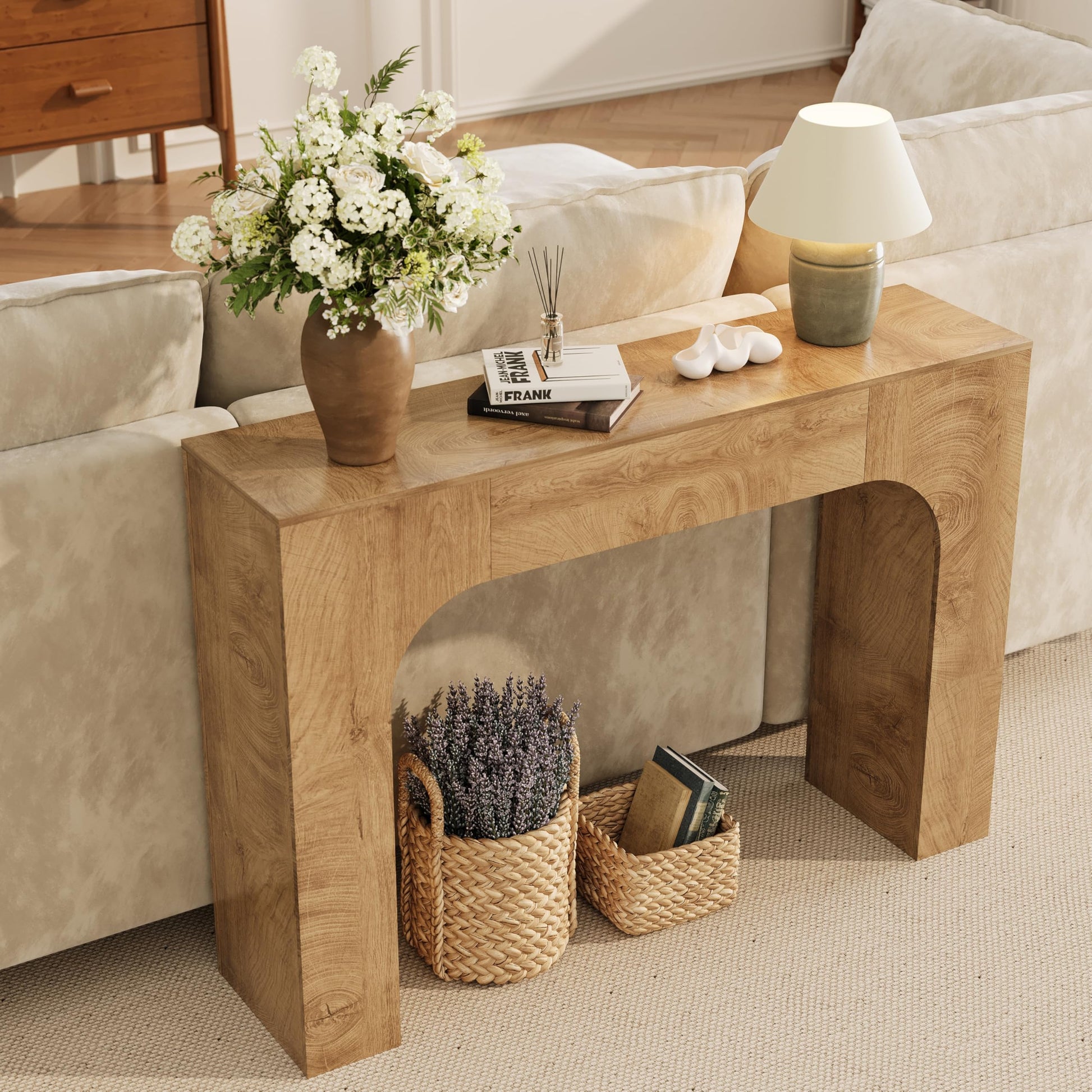 Console Garvee de style ferme de 119 cm (47 pouces), table d'entrée étroite en bois, construction robuste, salon, couloir, chêne foncé