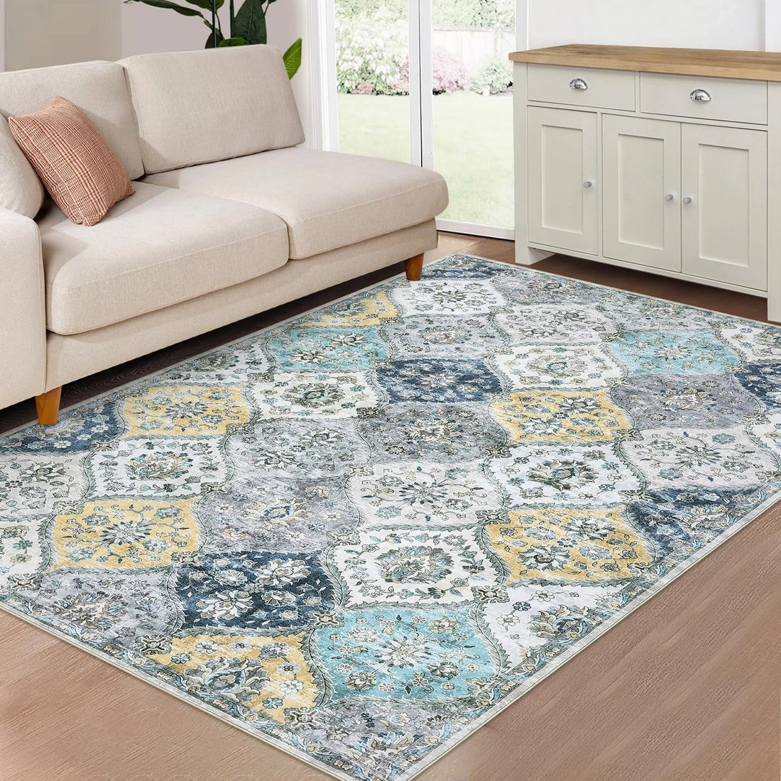 Tapis Garvee lavable vintage 120x170cm pliable à poils courts pour intérieur salon bleu jaune