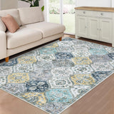 Tapis Garvee lavable vintage 120x170cm pliable à poils courts pour intérieur salon bleu jaune