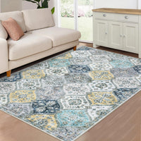 Tapis Garvee lavable vintage 120x170cm pliable à poils courts pour intérieur salon bleu jaune