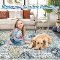 Tapis Garvee lavable vintage 160x230cm pliable à poils courts pour intérieur salon bleu jaune
