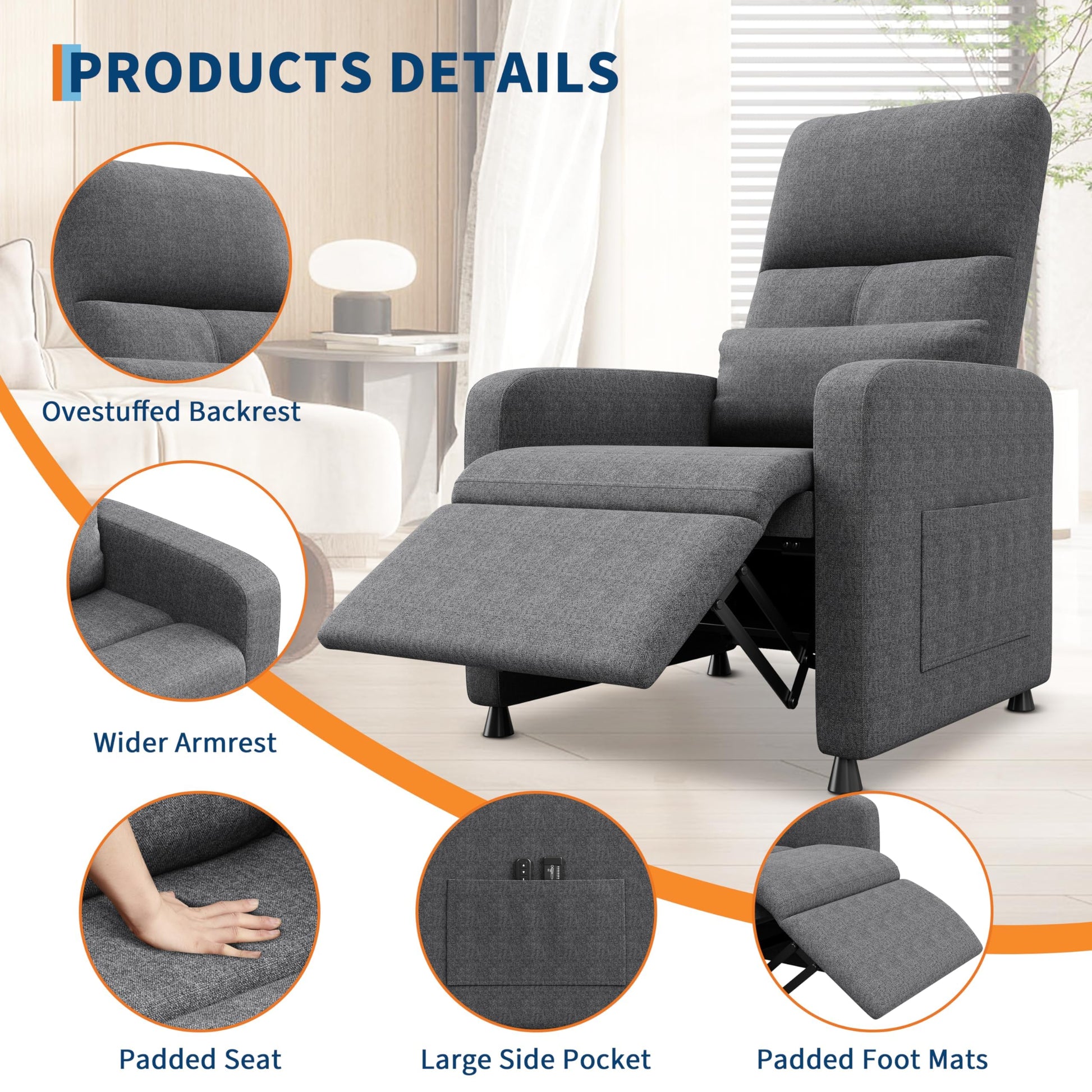 Garvee Fauteuil Inclinable Électrique avec Massage et Chauffage, Repose-pieds, Tissu Épais, pour Salon et Chambre, Inclinaison 105°-165°, Gris