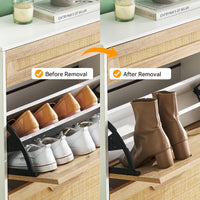 Meuble à chaussures Garvee en rotin avec 3 tiroirs et étagères réglables, idéal pour l'entrée ou le couloir. Structure en MDF et rotin, design fin et stable, coloris naturel.