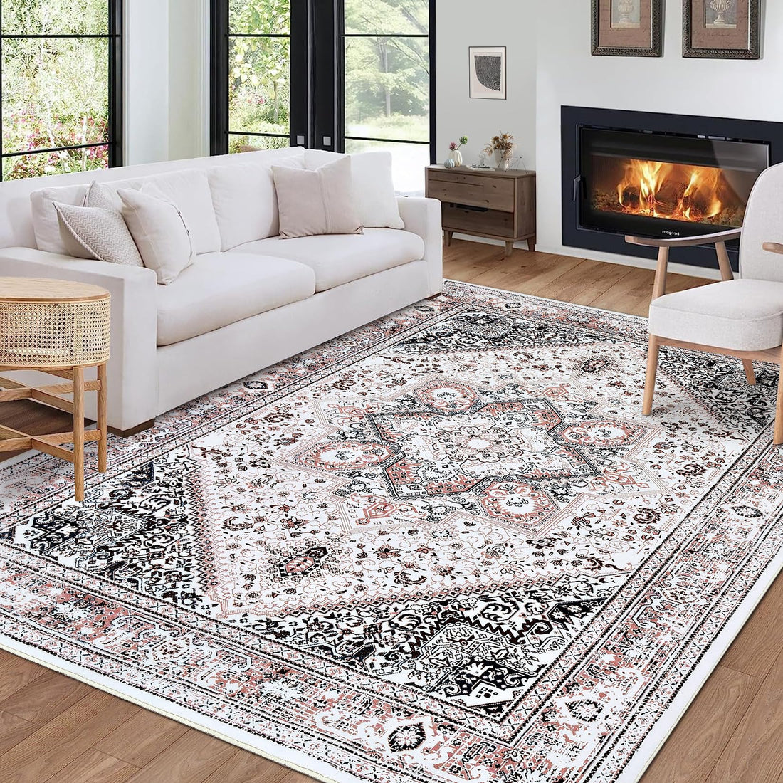 Tapis tribal persan GARVEE 200x290cm rose, lavable, antidérapant, doux, grand format, imprimé, non pelucheux, salon et chambre
