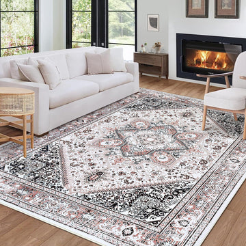 Tapis tribal persan GARVEE 200x290cm rose, lavable, antidérapant, doux, grand format, imprimé, non pelucheux, salon et chambre