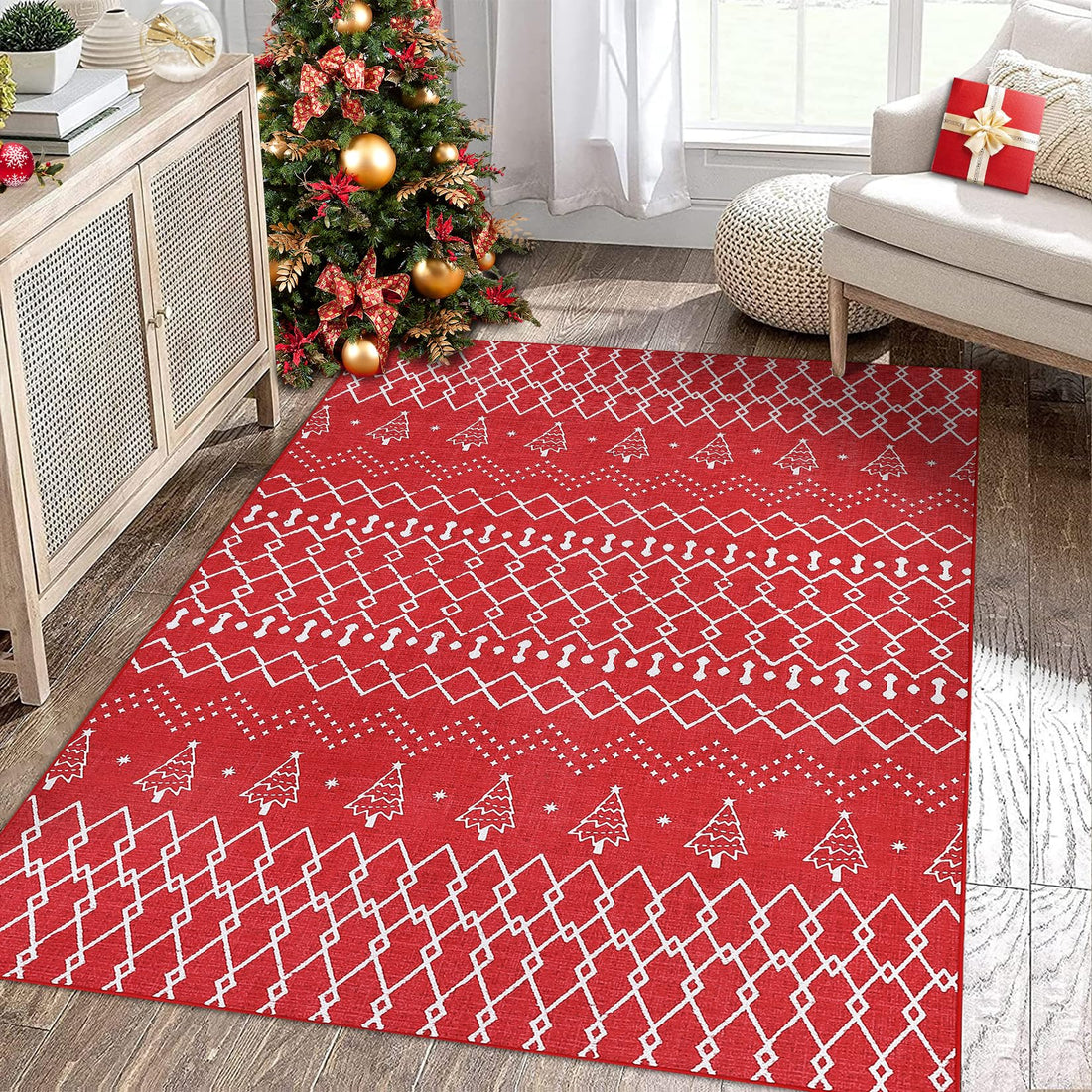 Tapis rouge moderne Garvee à motif flocons de neige, 100 % chenille de polyester, antidérapant en TPR, 80 x 150 cm, salon et entrée