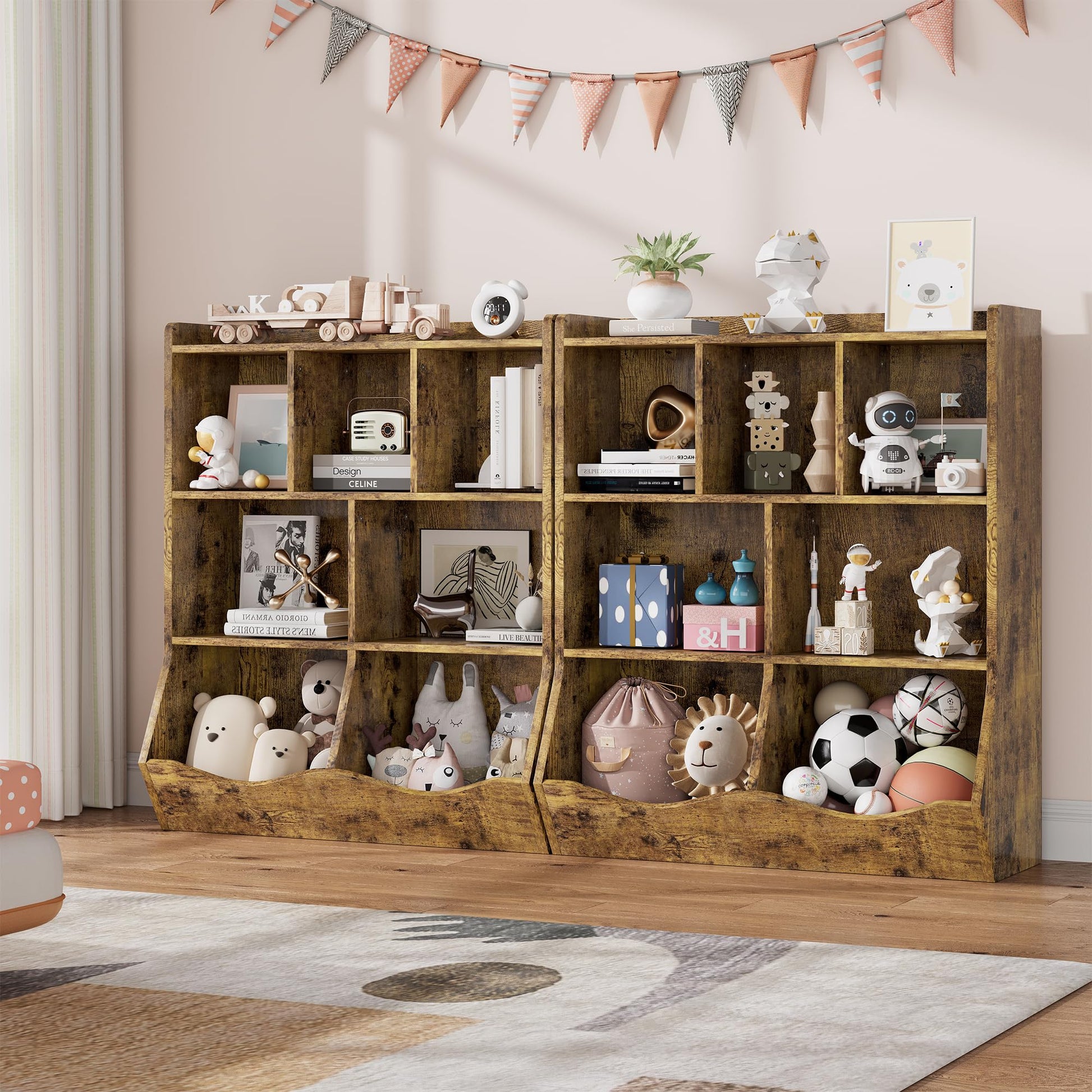 Armoire à jouets Garvee marron rustique à 3 étagères, protection anti-basculement pour chambres d'enfants et salles de jeux, en bois robuste et sécurisée pour les enfants.