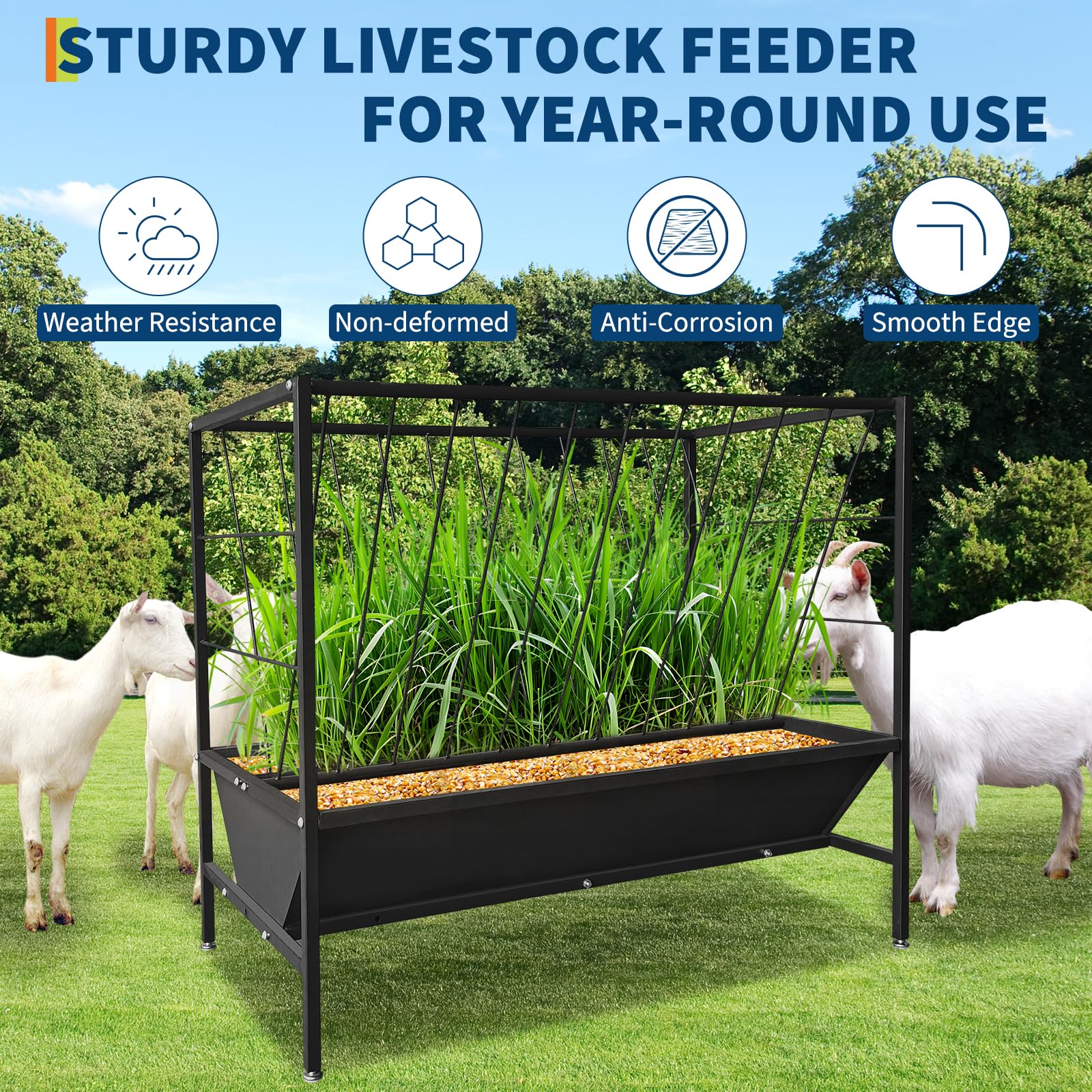Mangeoire à foin Garvee Pasture de 45 gallons en acier robuste 2 en 1 avec râtelier à foin pour chevaux et moutons, usage extérieur et intérieur, noir