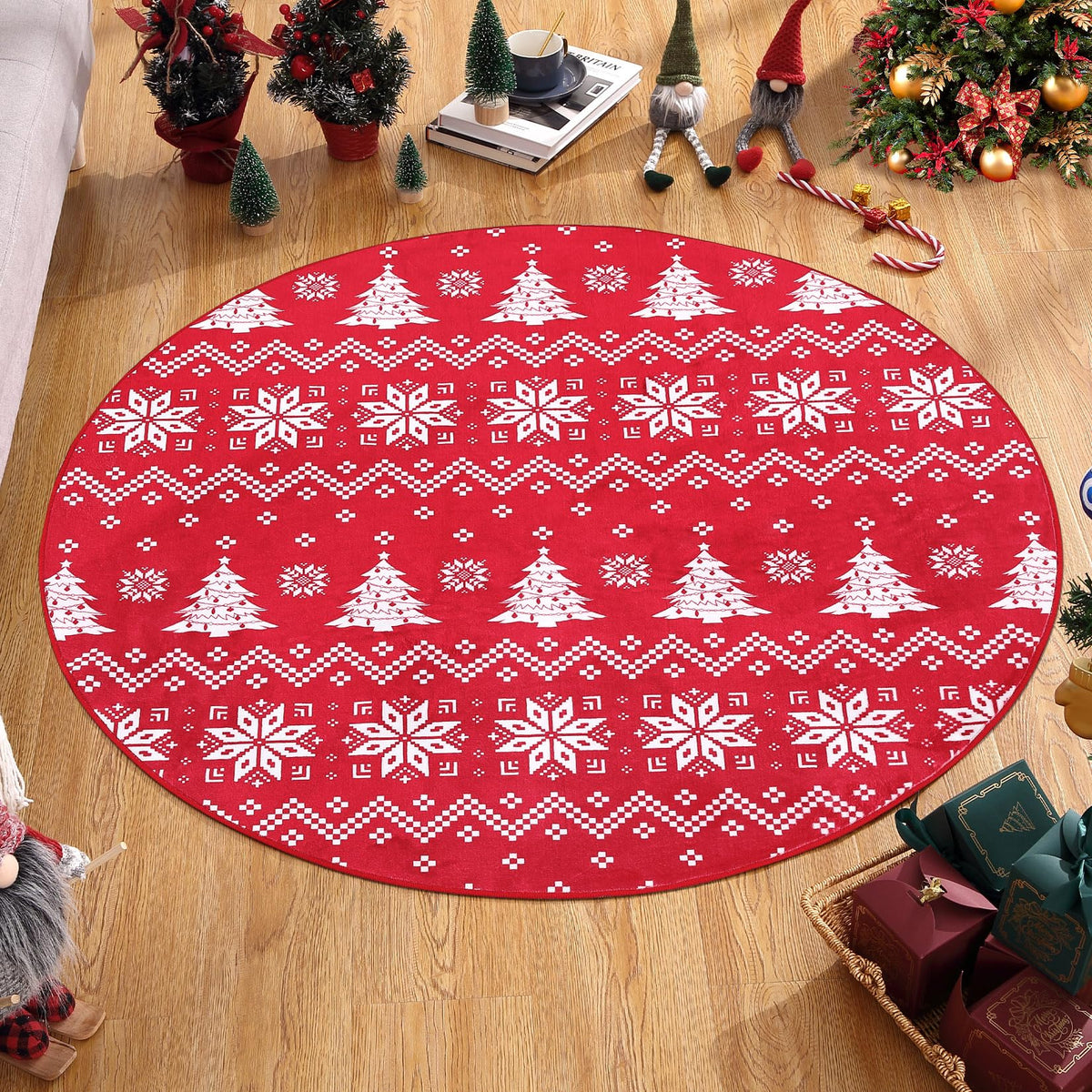 Tapisserie de Noël ronde Garvee 120x120 cm, lavable en machine, motif flocons de neige et sapin de Noël, décoration pour chambre ou salon.