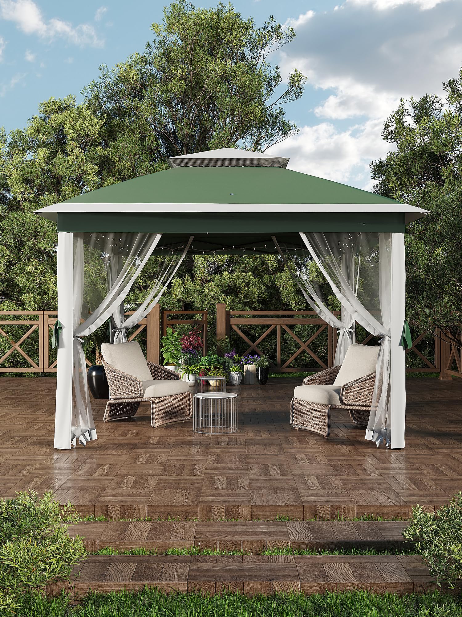 Garvee Tonnelle Pliante 335 x 335 cm Vert Beige, Moustiquaire, Hauteur Réglable, Résistante Eau/UV, Jardin et Camping