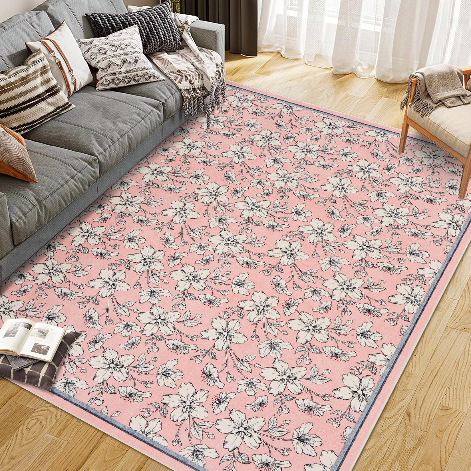 Tapis de salon lavable Garvee, motif floral vintage, poils courts, antidérapant, doux, grand format 160 x 230 cm, rose