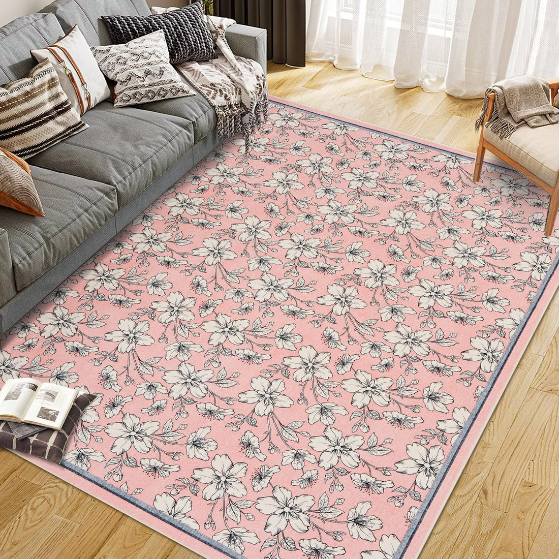 Tapis de salon lavable Garvee, motif floral vintage, poils courts, antidérapant et doux, idéal pour le salon, la chambre, la salle à manger ou la chambre d'enfant, 120 x 170 cm, rose.