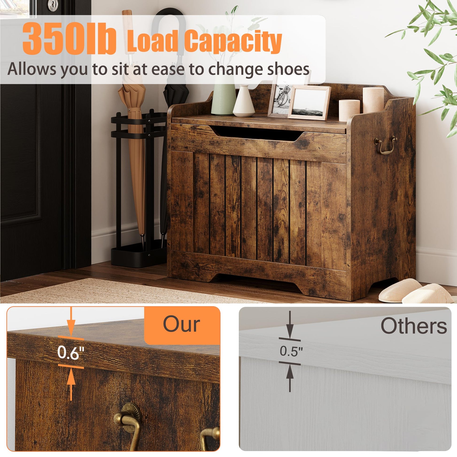 GARVEE Coffre de rangement en bois 63 cm, banc avec charnière de sécurité, supporte 159 kg, MDF durable, pour entrée, salon, chambre, style vintage