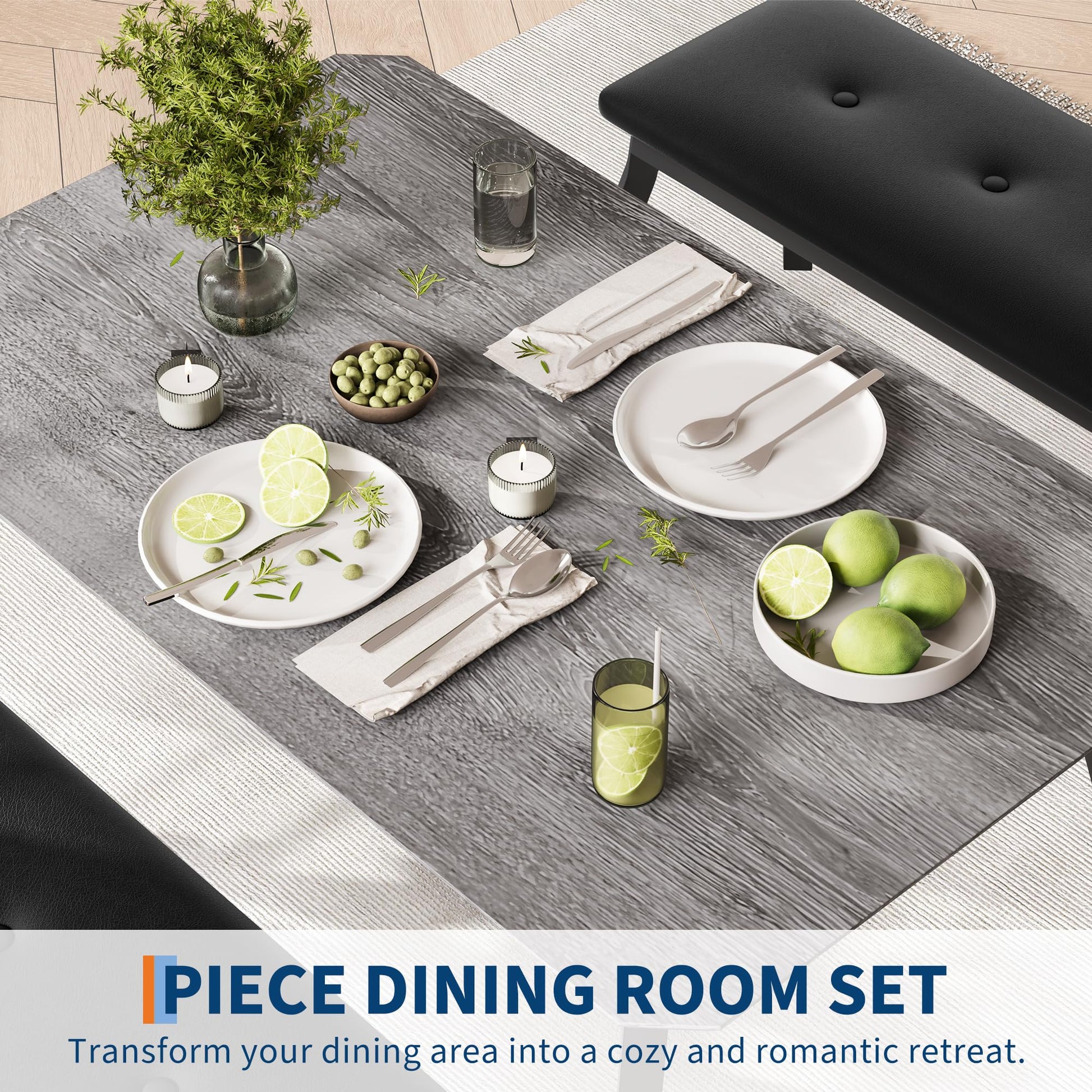 Ensemble de salle à manger rétro Garvee 3 pièces avec design d'angle, 2 bancs rembourrés, structure en métal, cuir PU, gain de place pour les petites pièces