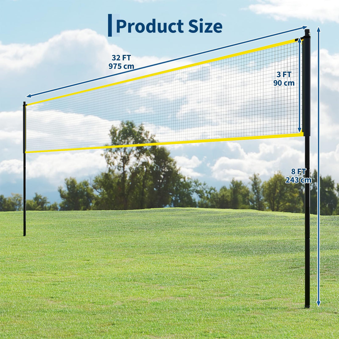 Filet de volley-ball Garvee de 9,75 m (32 pi) pour extérieur, résistant aux intempéries, en polyéthylène, hauteur réglable, autoportant et portable pour jardin et plage.