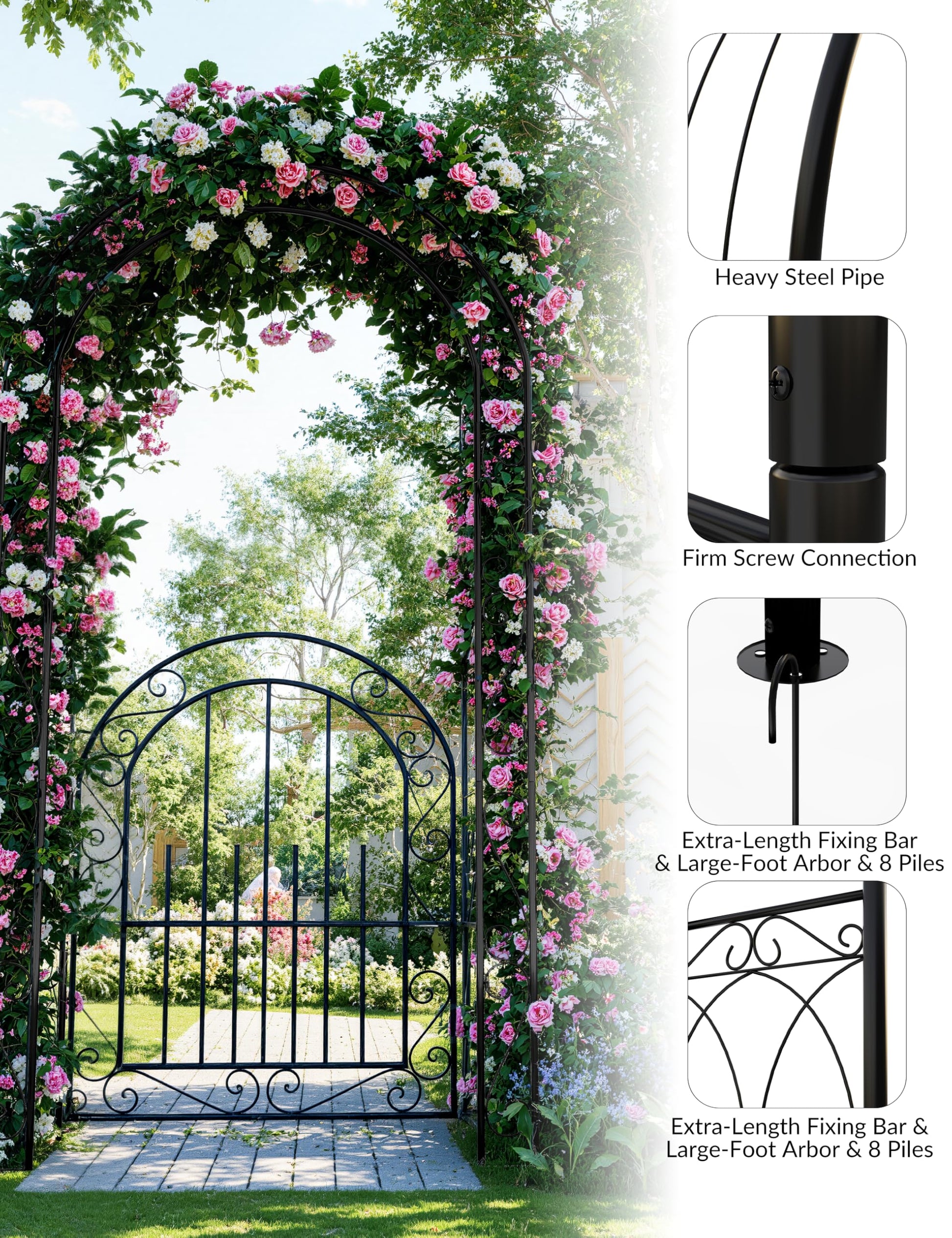 Arche de jardin en acier Garvee de 2,4 m (8 pi), résistante aux intempéries, robuste, élégante, noire, avec portail, idéale pour les mariages et le jardin.