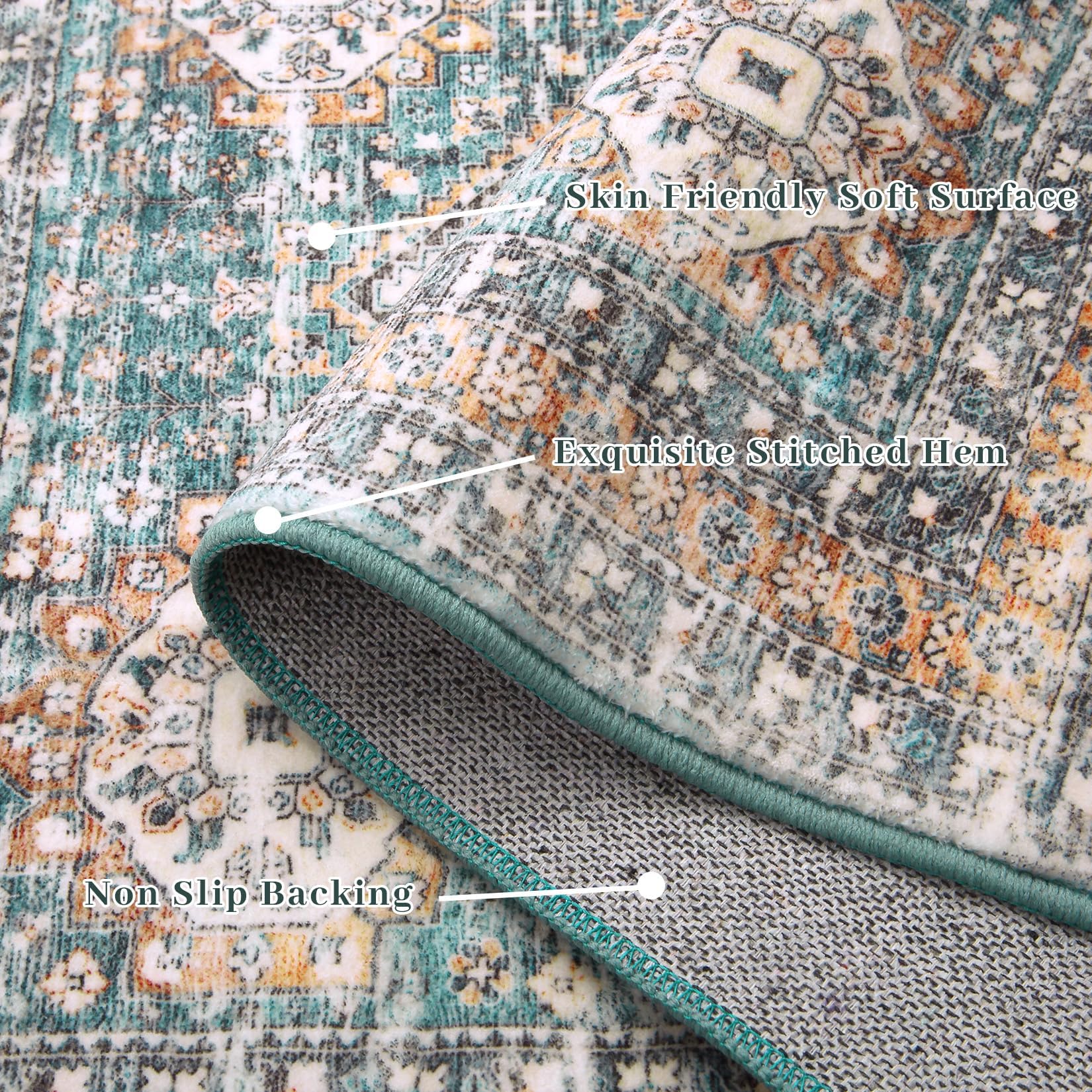 Tapis de couloir vintage lavable Garvee, grand format, avec envers antidérapant en TPR, idéal pour le salon, la salle à manger, le bureau et le couloir (240 x 340 cm, vert).