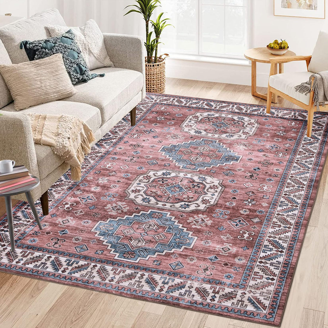 Tapis de salon vintage Garvee, doux, lavable, style campagnard oriental, rose, 160 x 230 cm