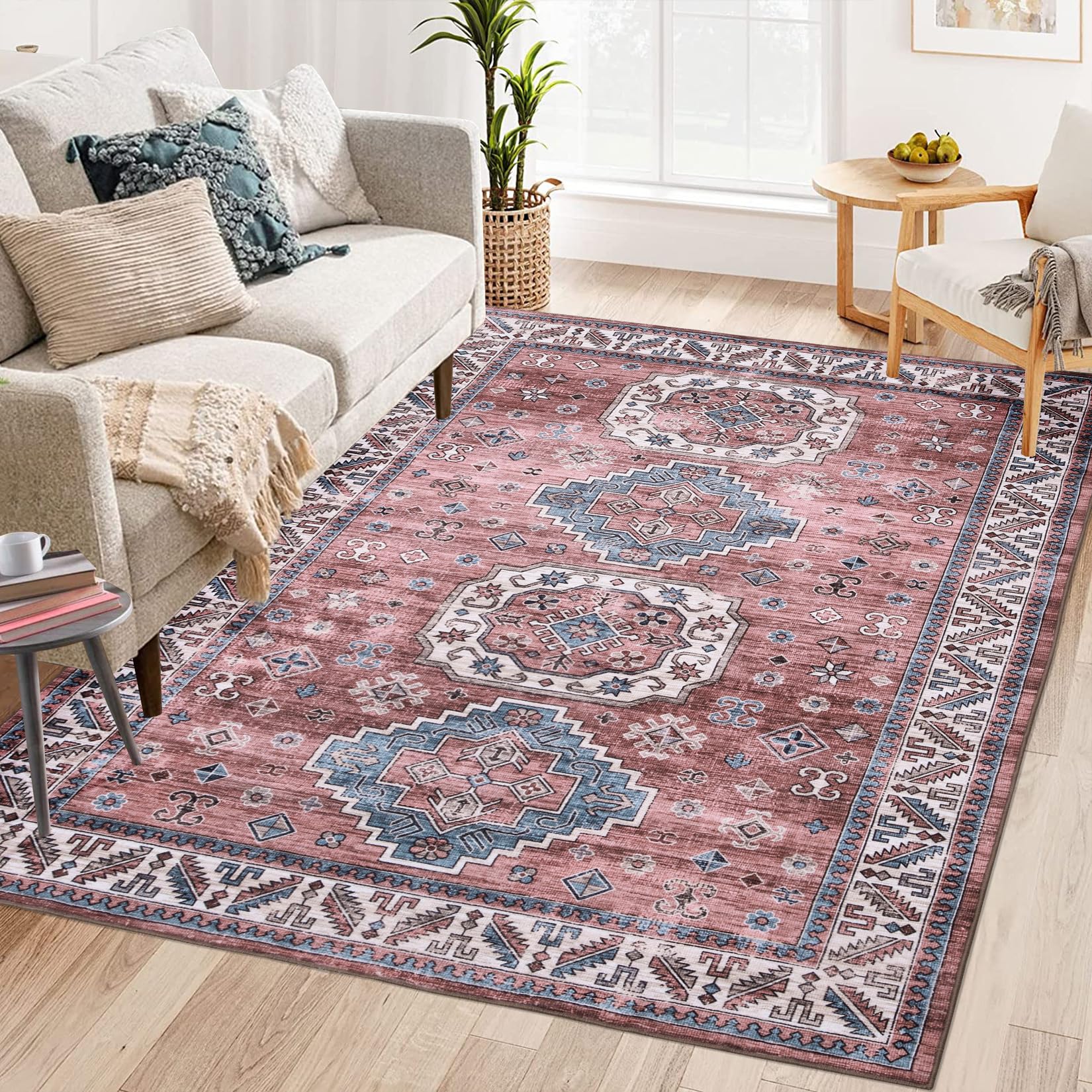 Tapis de salon vintage Garvee, doux, lavable, style campagnard oriental, rose, 160 x 230 cm