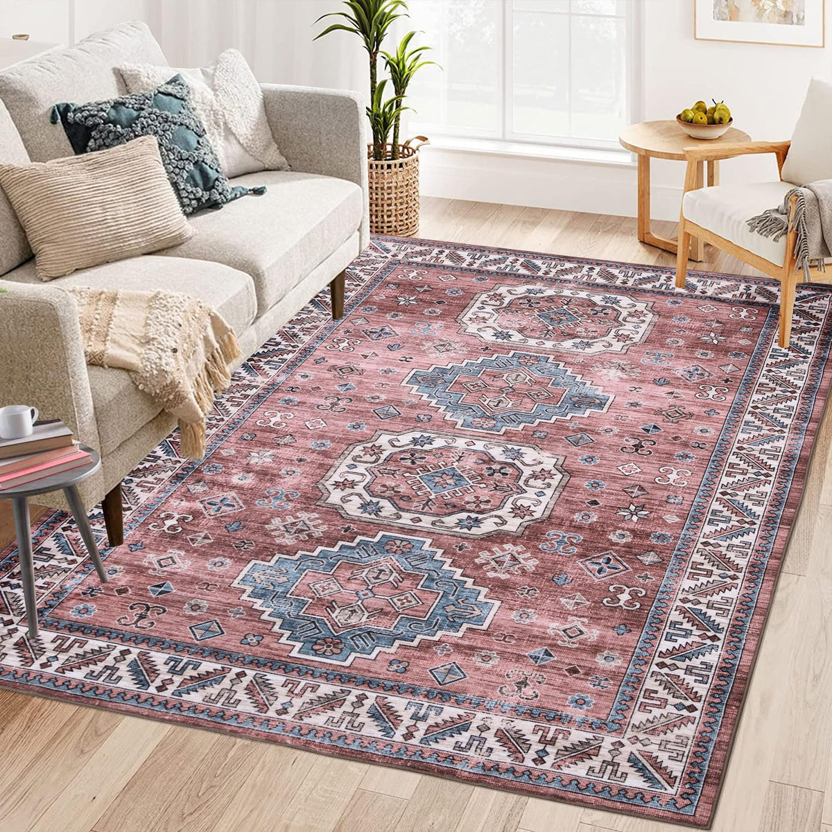 Tapis de salon vintage Garvee, doux, lavable, style campagnard oriental, rose, 120 x 170 cm