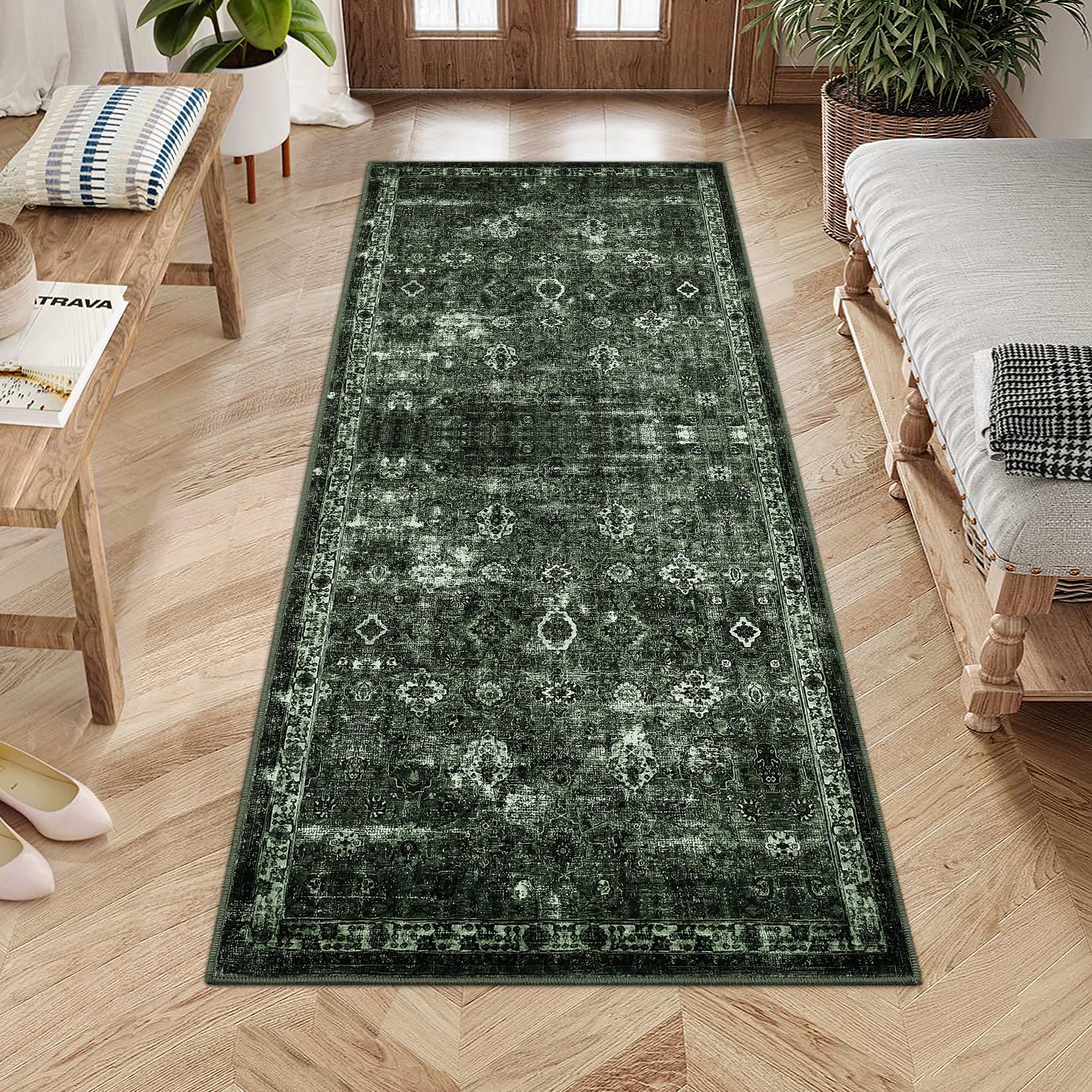 Tapis de couloir antidérapant à poils courts Garvee Boho pour cuisine, entrée, chambre, 80 x 150 cm, vert foncé vintage