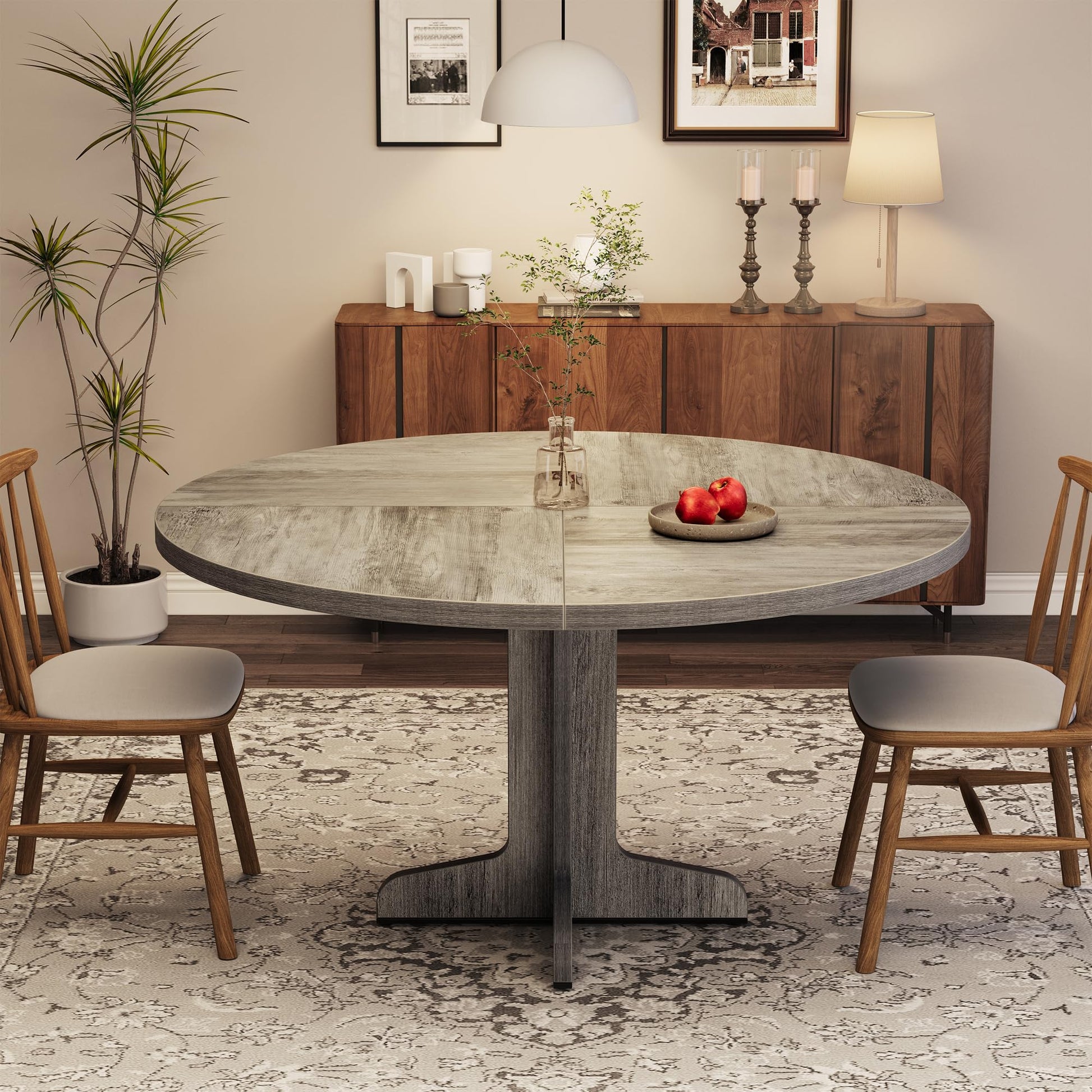 Garvee Table à manger ronde 120 cm pour 4 à 6 personnes, MDF robuste, base stable, pieds réglables, gris, pour cuisine et salon