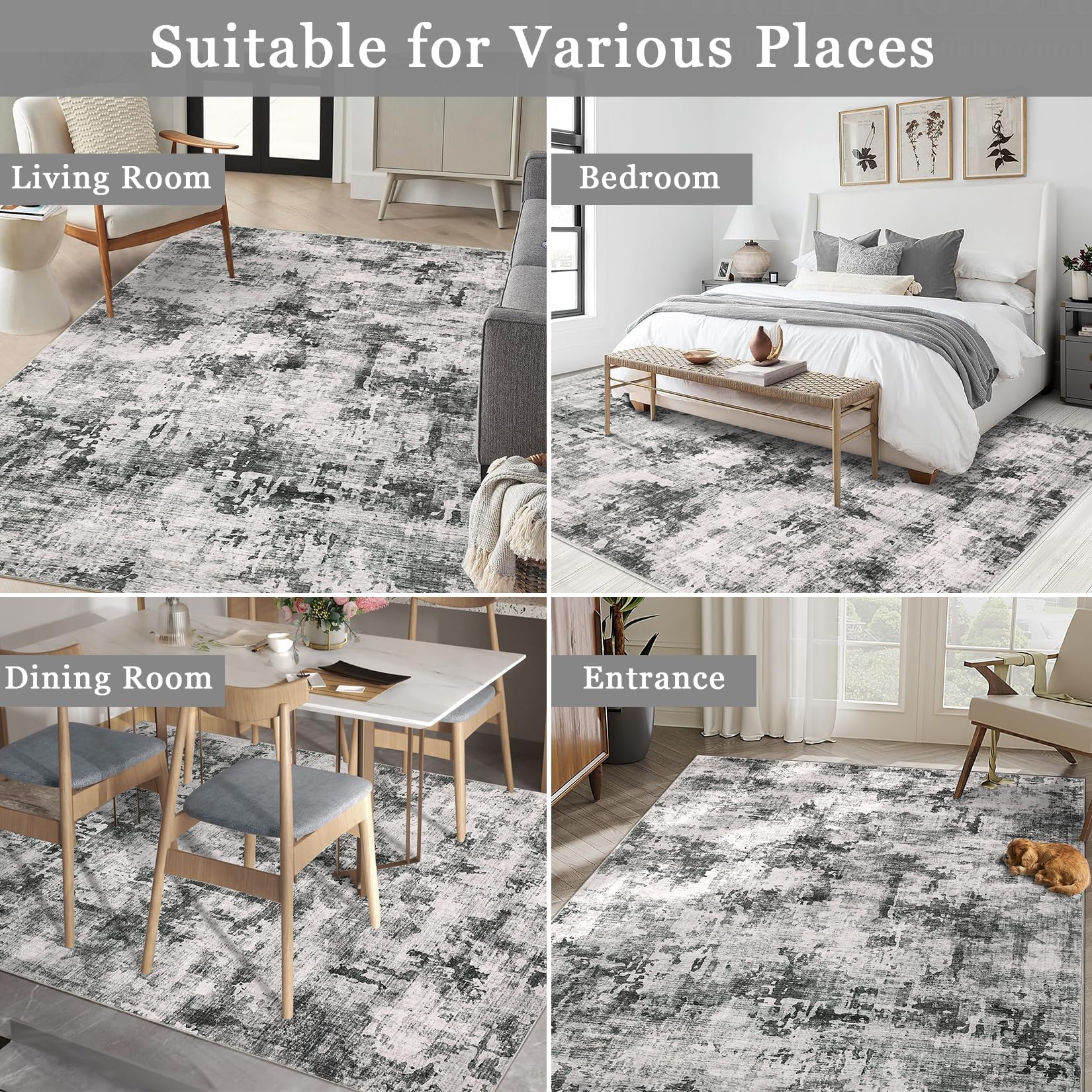 Tapis lavable moderne Garvee, antidérapant, doux et résistant, idéal pour les enfants et les animaux domestiques, 120 x 170 cm, gris