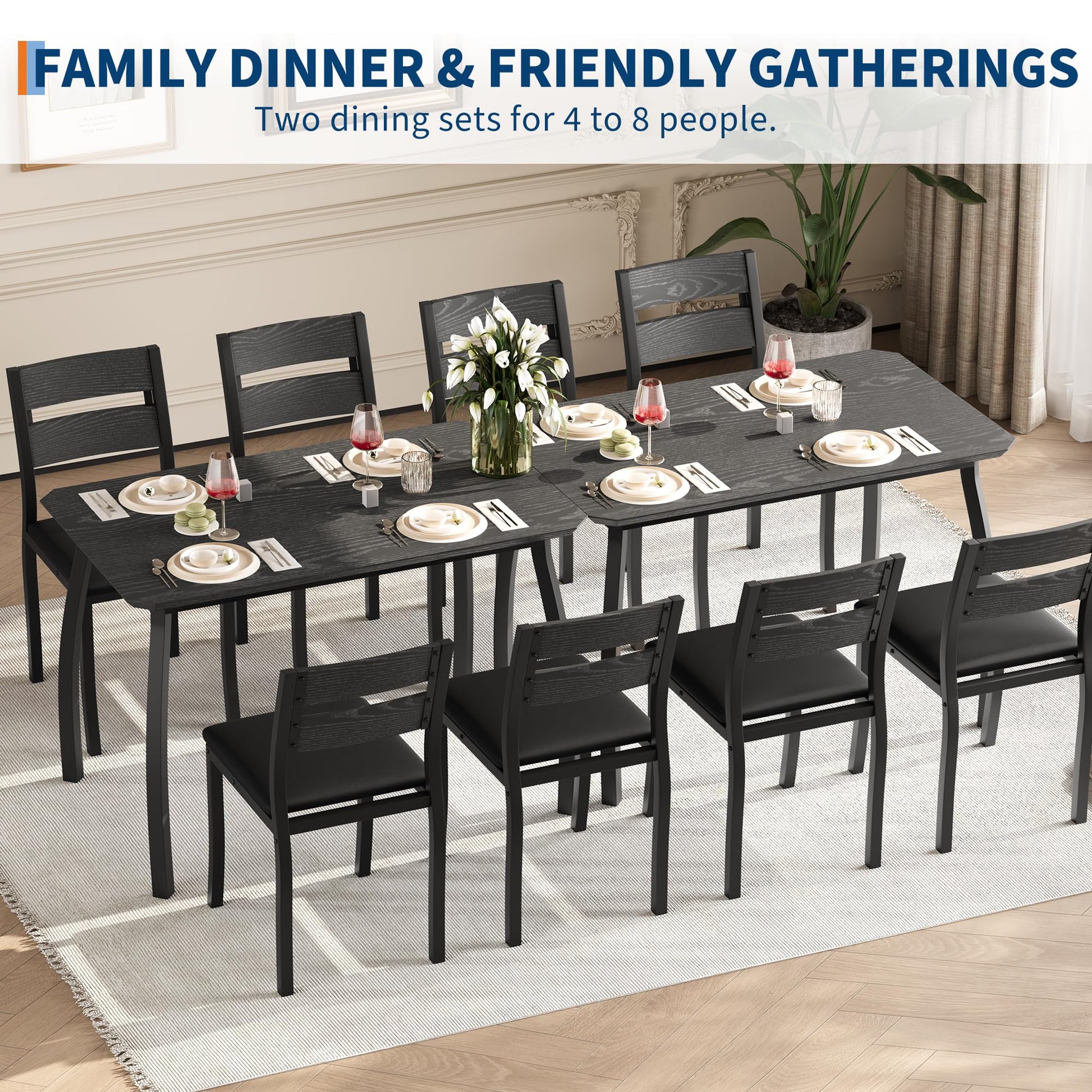 Ensemble table et chaises Garvee pour 4 personnes, structure en métal, design carré, gain de place, noir, idéal pour les petites pièces et les studios.