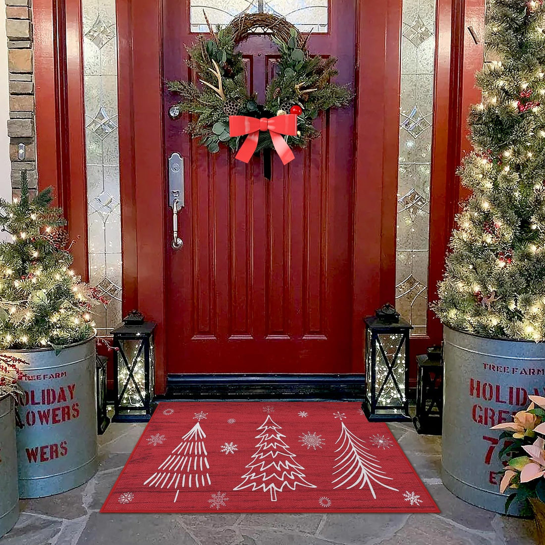 Garvee Christmas Zerbino Tapis de Noël Antidérapant 40x60cm, Motif Sapins de Noël et Flocons de Neige, Polyester, Pour Intérieur et Extérieur