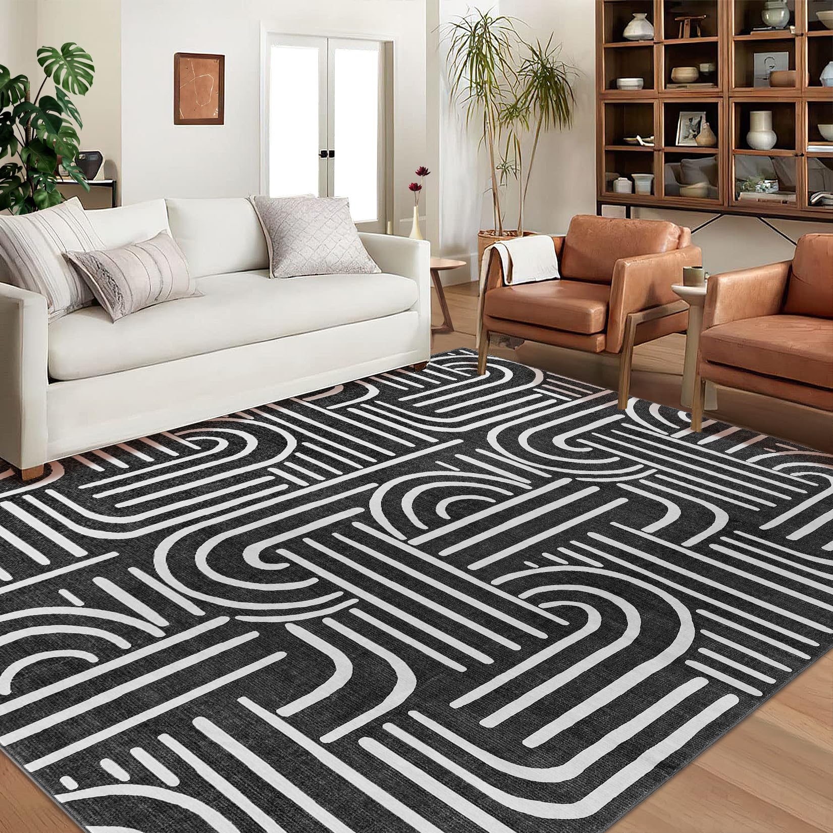 Tapis de salon Garvee 200x290 cm, lavable, antidérapant, à poils courts, gris, pour salon, chambre ou salle à manger