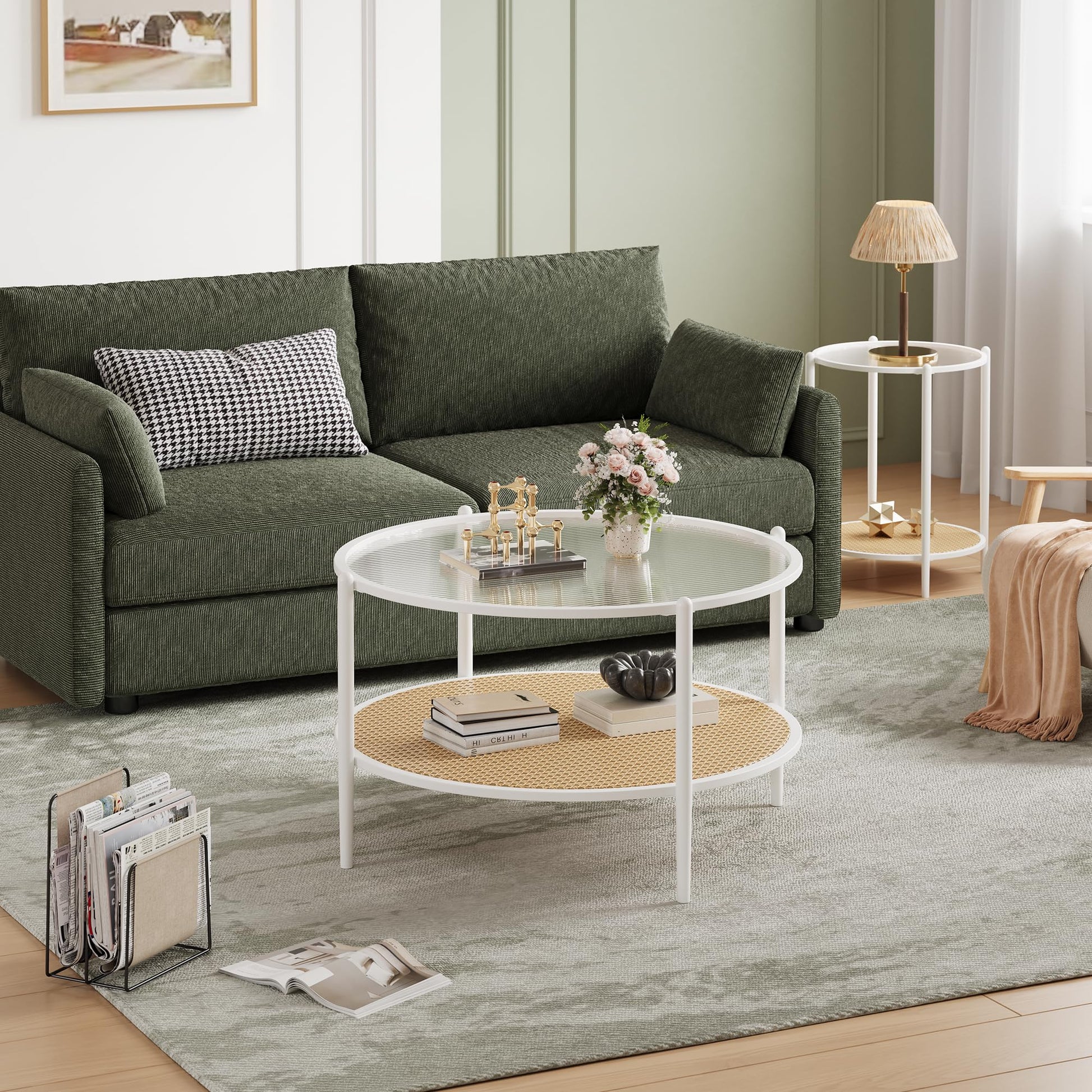 Table basse Garvee en rotin de 76 cm (30 po) avec structure en métal et plateau en verre résistant à la chaleur, idéale pour le salon et le bureau, blanche, 76 cm (30 po)